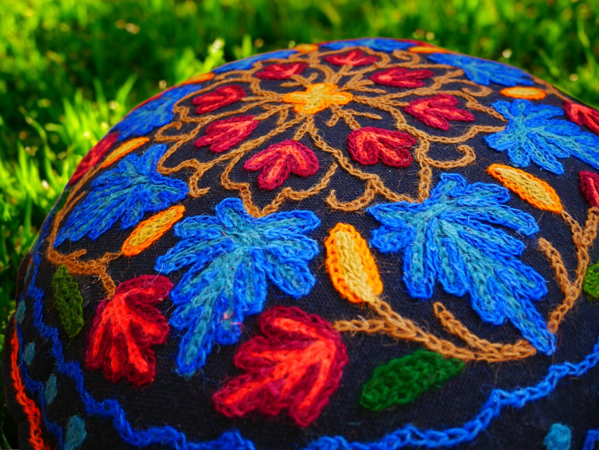 Kashmiri Meditation cushion Embroidery floor pillow cover, Hand embroidered flower Mandala - boho hippie floor seating | Cover only