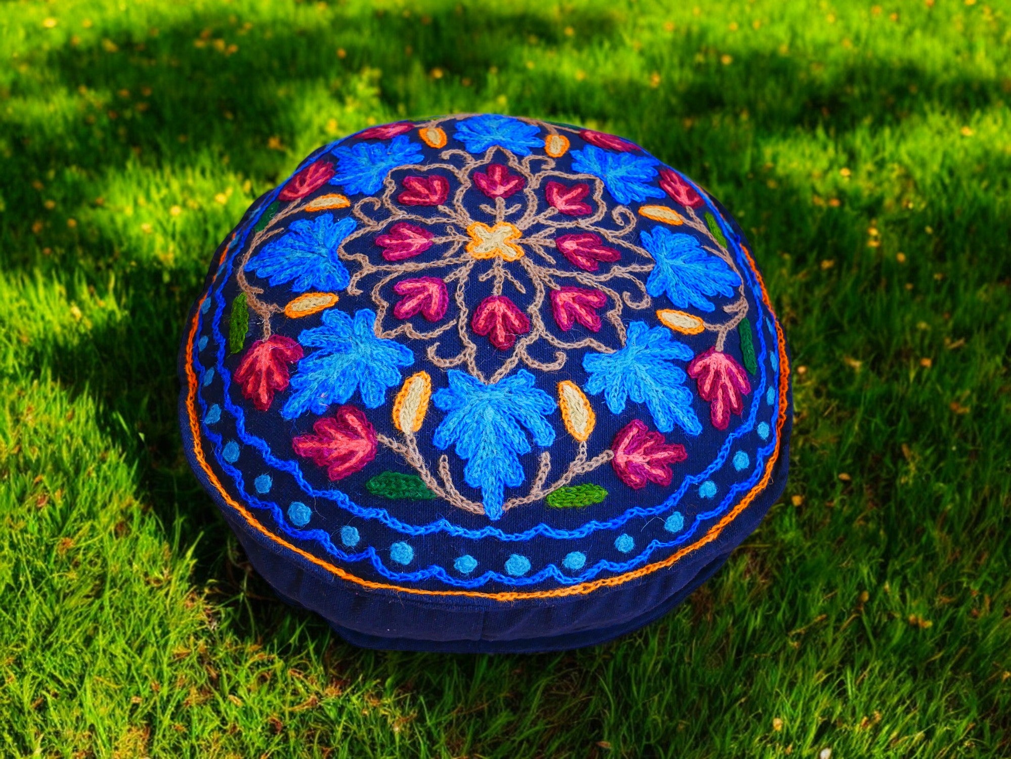 Kashmiri Meditation cushion Embroidery floor pillow cover, Hand embroidered flower Mandala - boho hippie floor seating | Cover only