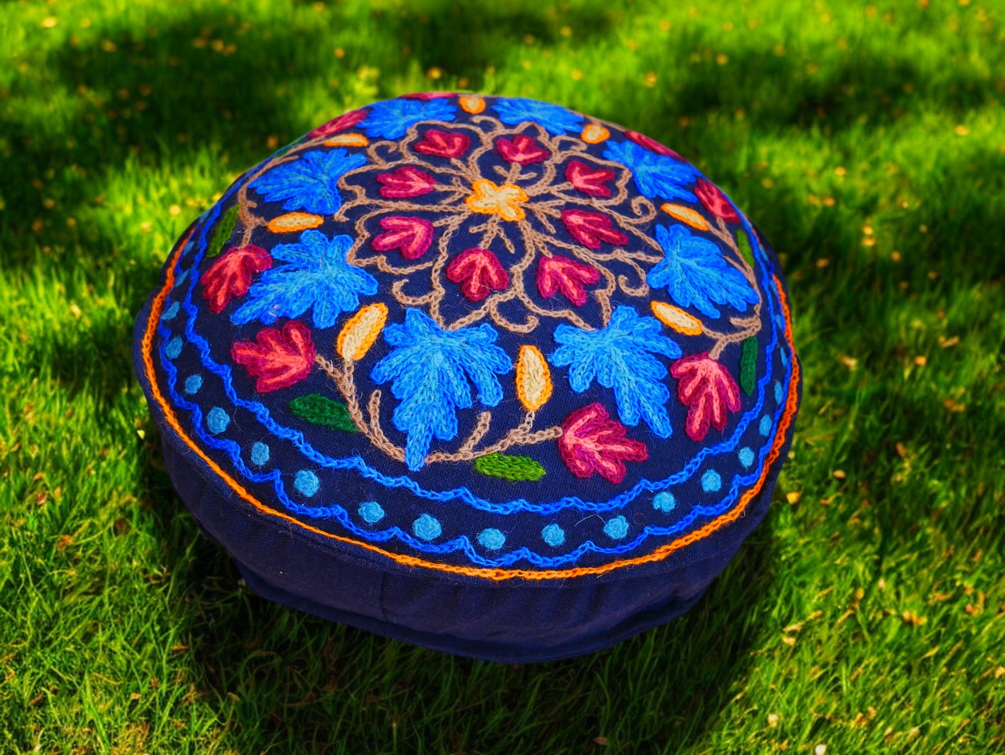 Kashmiri Meditation cushion Embroidery floor pillow cover, Hand embroidered flower Mandala - boho hippie floor seating | Cover only