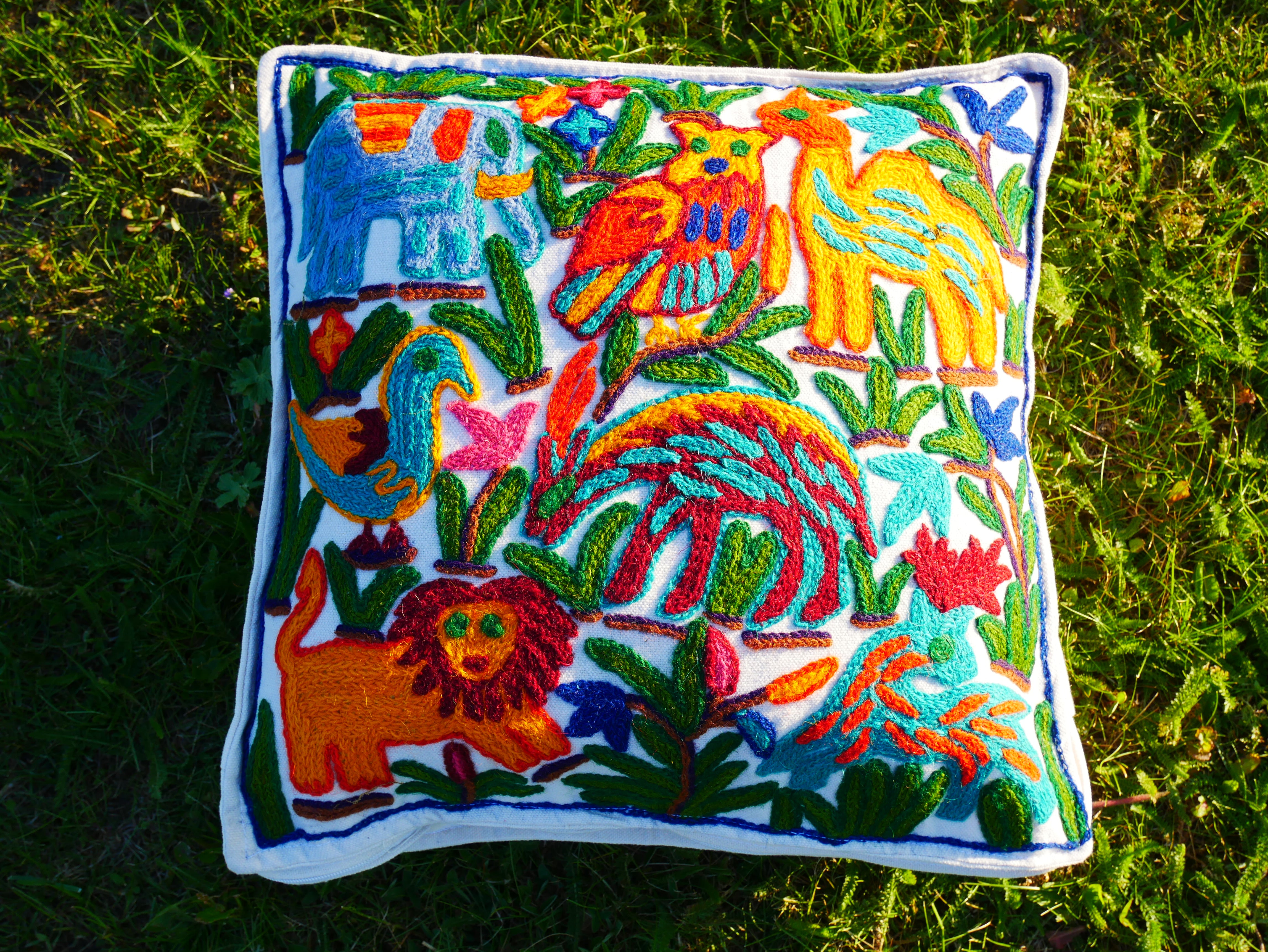 Hand Embroidered Kashmiri Floor Pillow Cover – Boho Jungle Meditation Cushion, Hippie Home Decor (Cover Only)