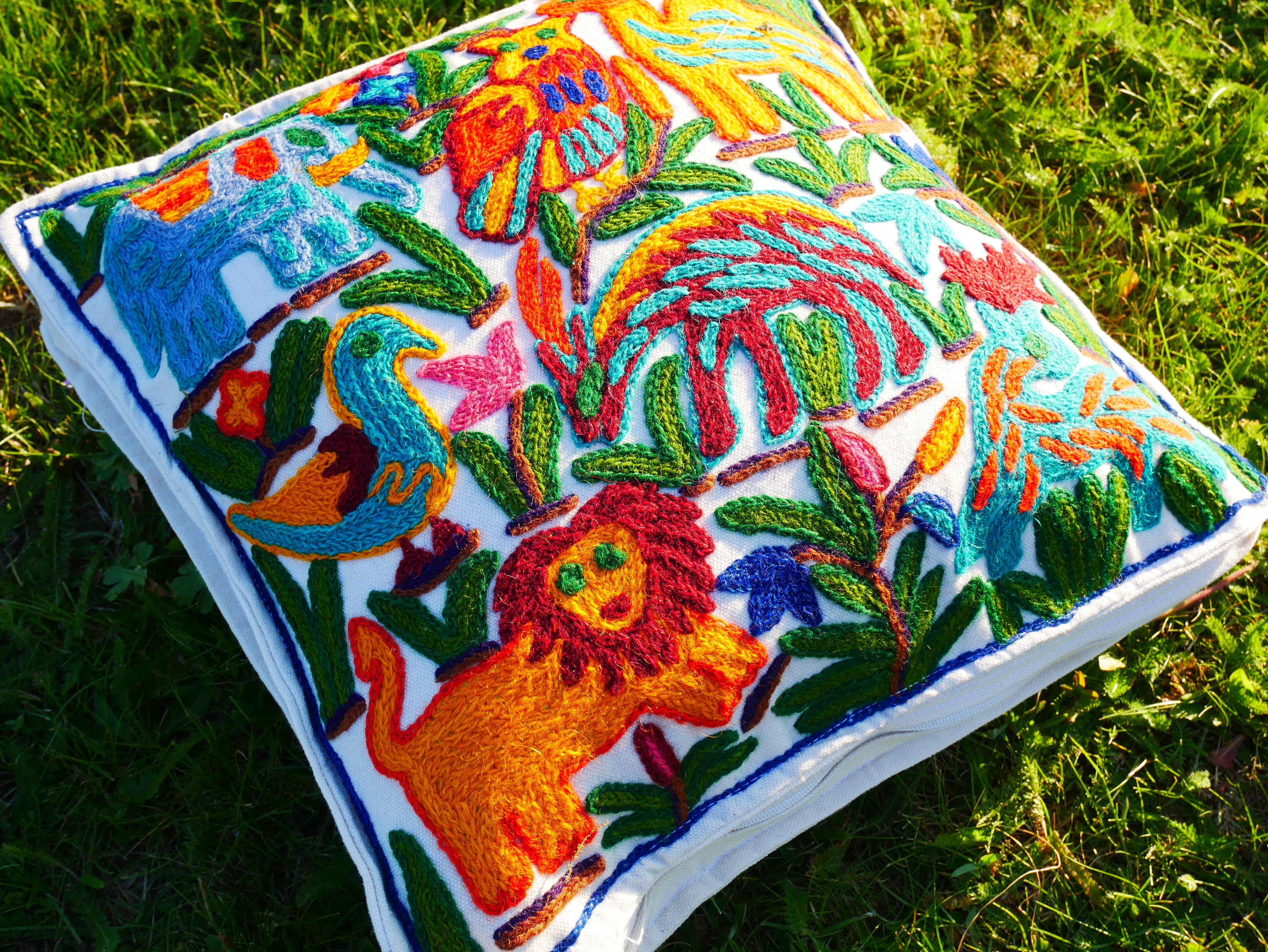 Hand Embroidered Kashmiri Floor Pillow Cover – Boho Jungle Meditation Cushion, Hippie Home Decor (Cover Only)