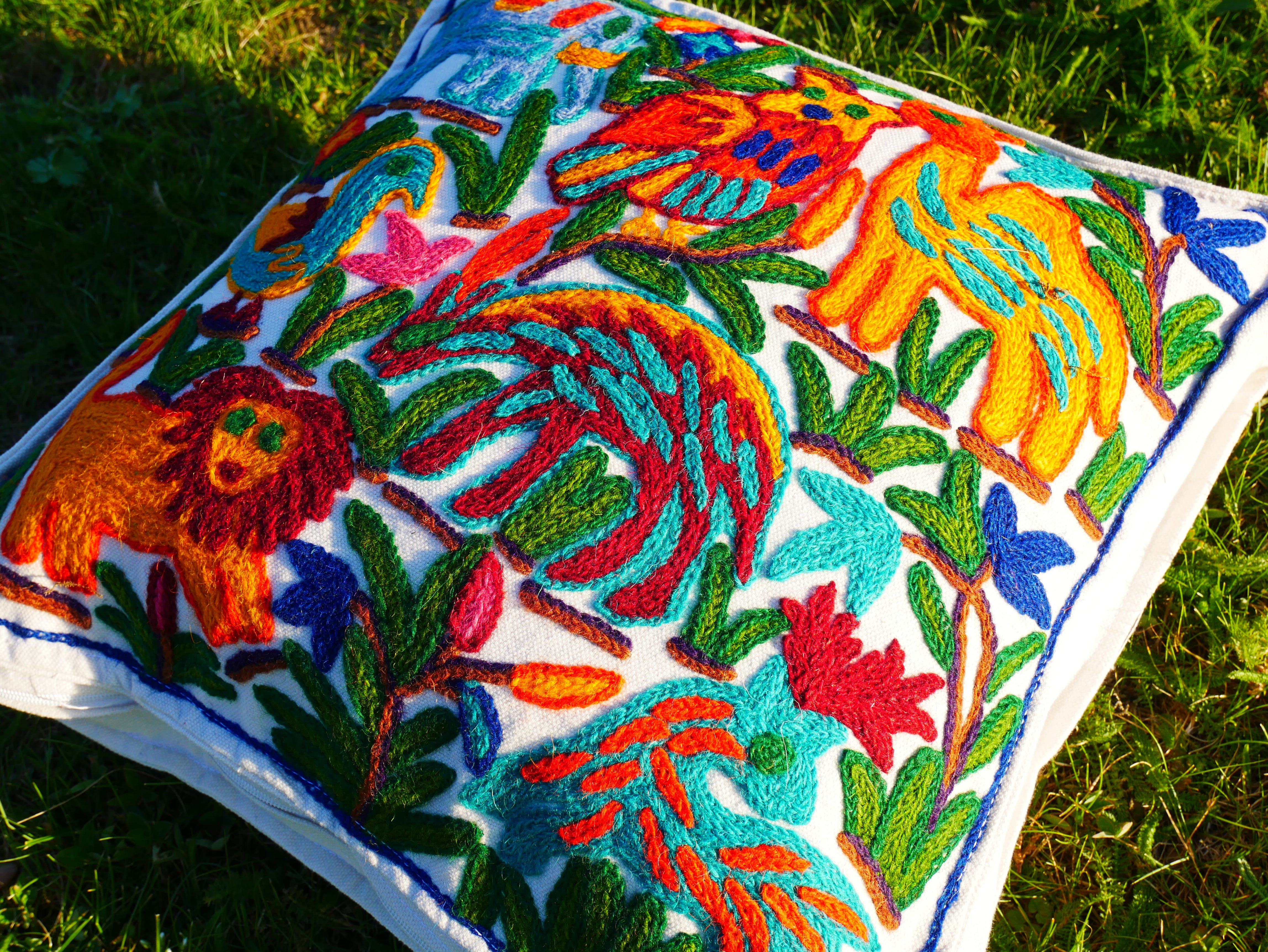 Hand Embroidered Kashmiri Floor Pillow Cover – Boho Jungle Meditation Cushion, Hippie Home Decor (Cover Only)