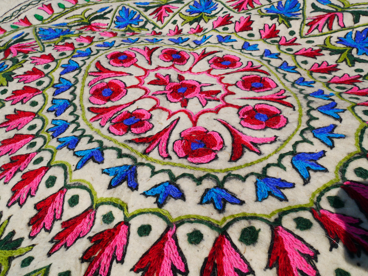 Round Mandala Wool Rug 5ft | Hand-Felted Namda From Kashmir | Boho Embroidered Area Carpet