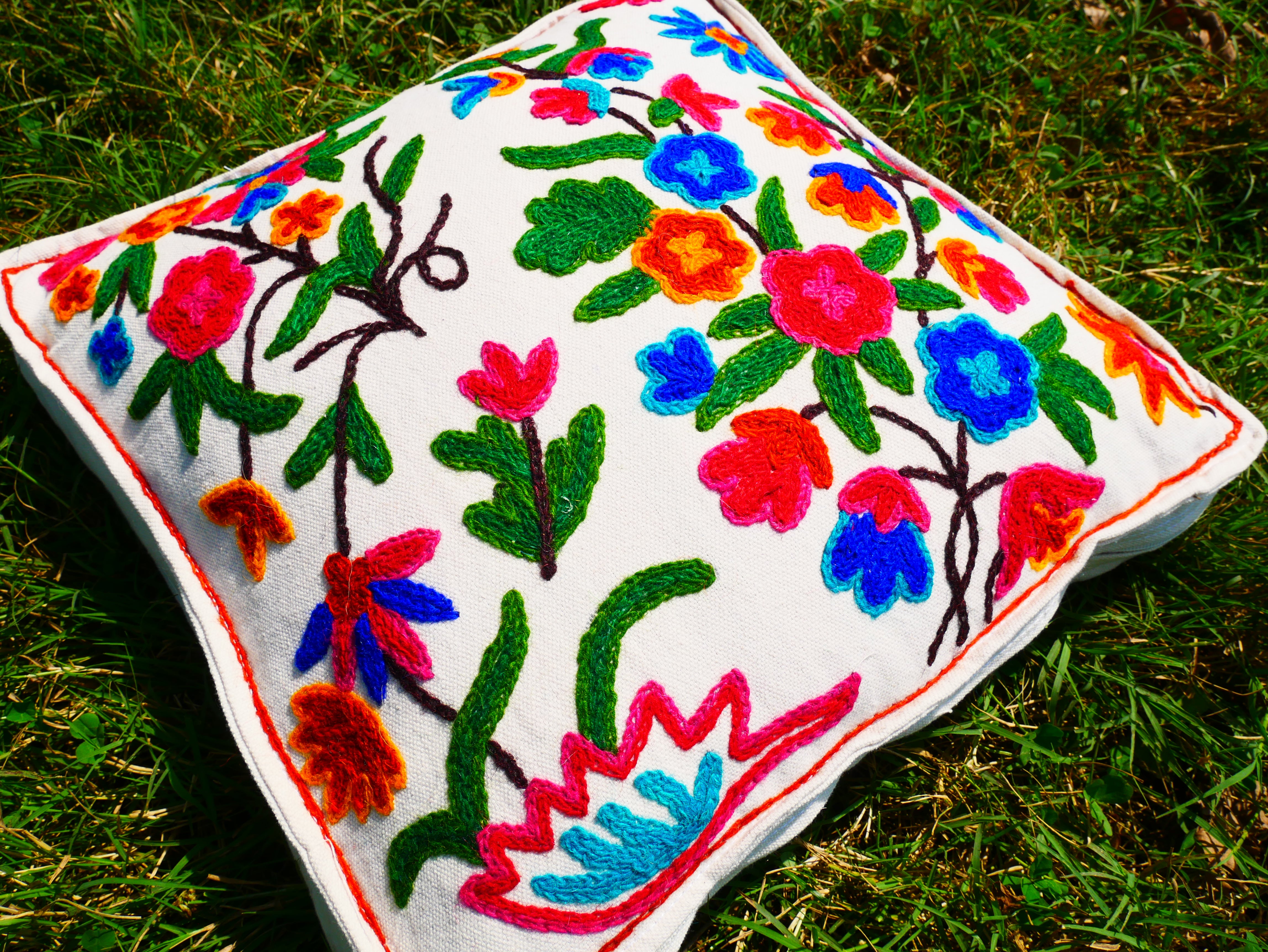 Kashmiri Meditation cushion Embroidery floor pillow cover, Hand embroidered flower Mandala - boho hippie floor seating | Cover only