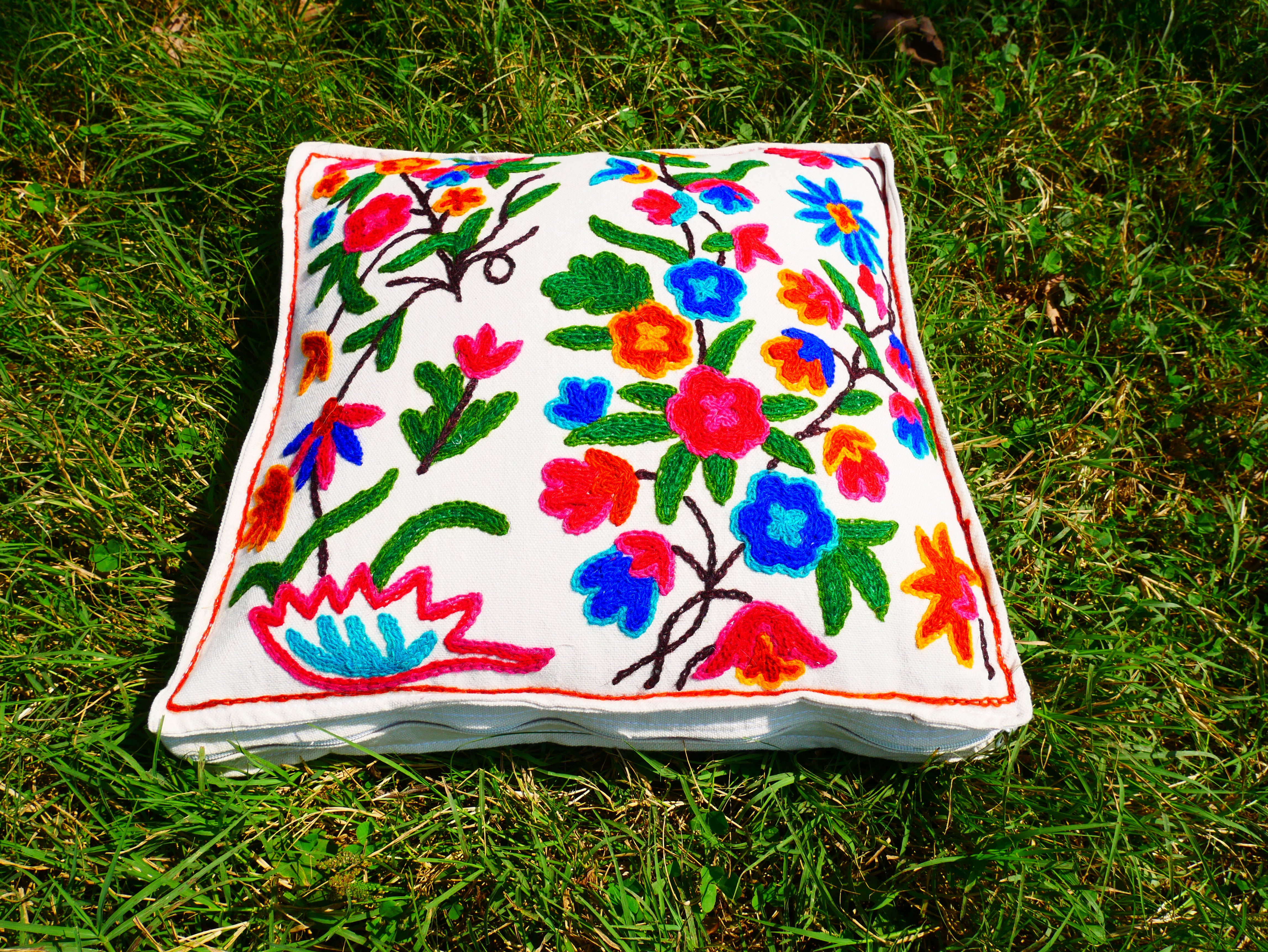 Kashmiri Meditation cushion Embroidery floor pillow cover, Hand embroidered flower Mandala - boho hippie floor seating | Cover only