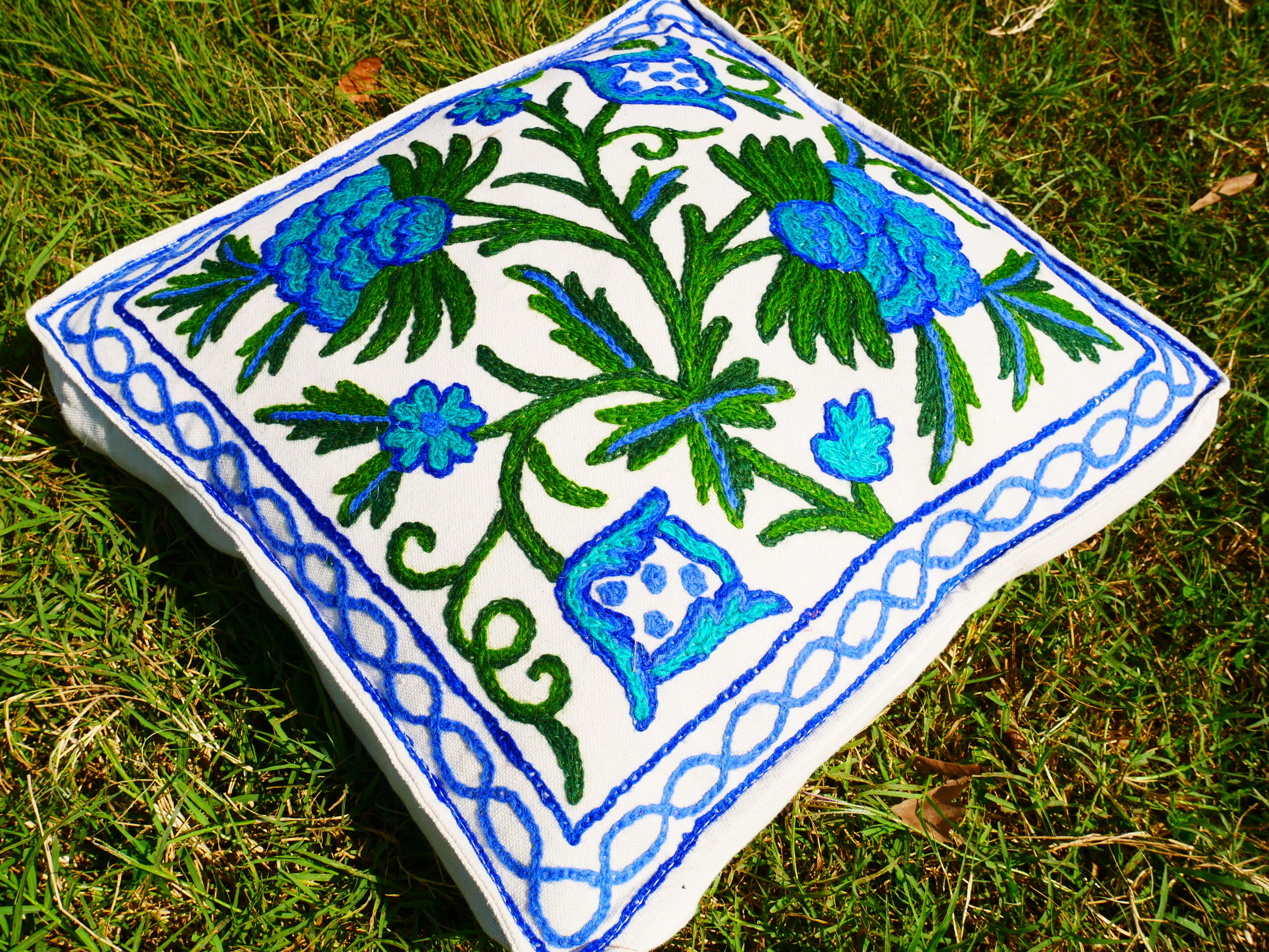 Kashmiri Wool Meditation Cushion – Hand-Embroidered Floral Design