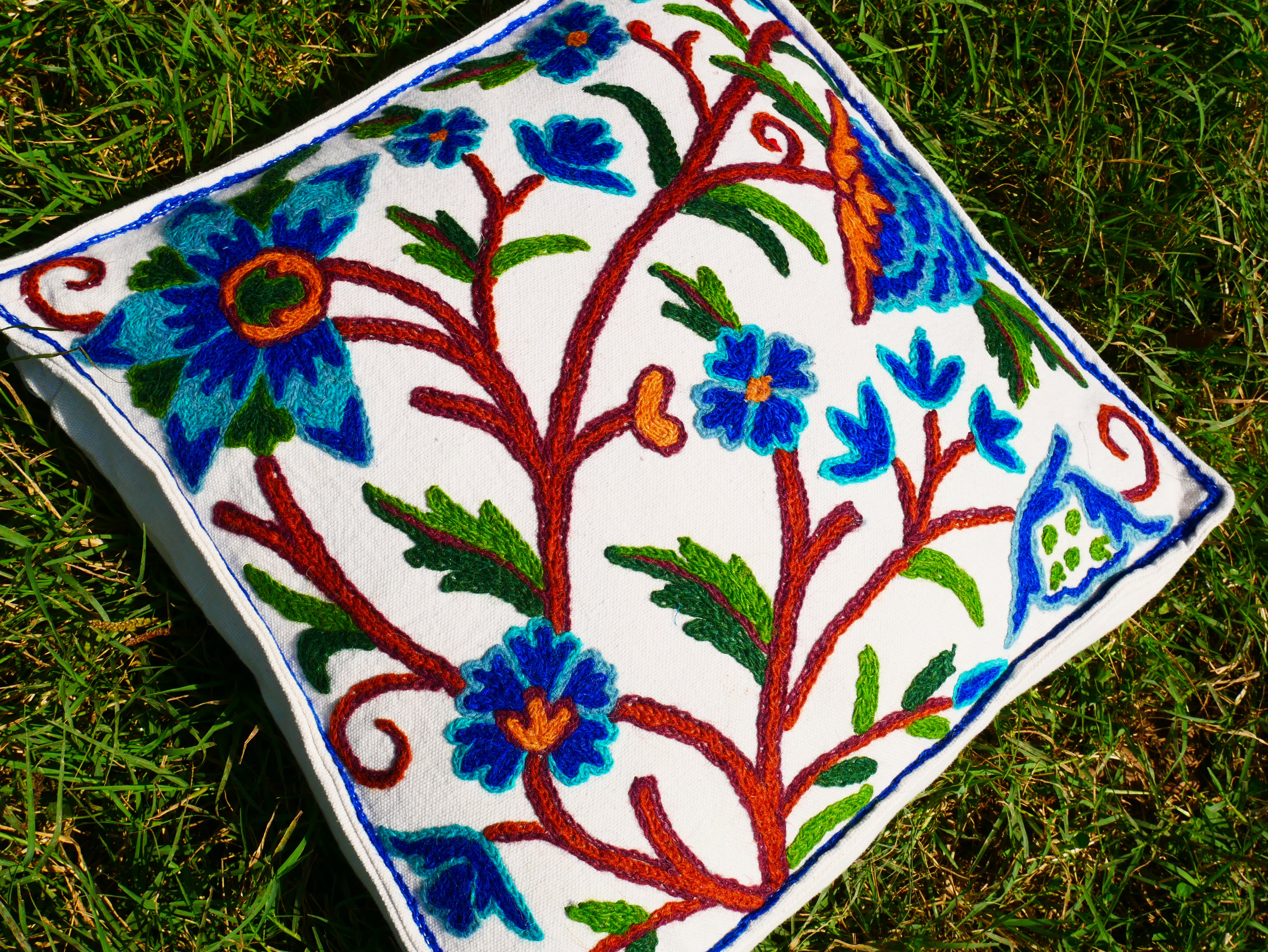 Kashmiri Meditation Cushion Covver – Hand Embroidered Floral Design