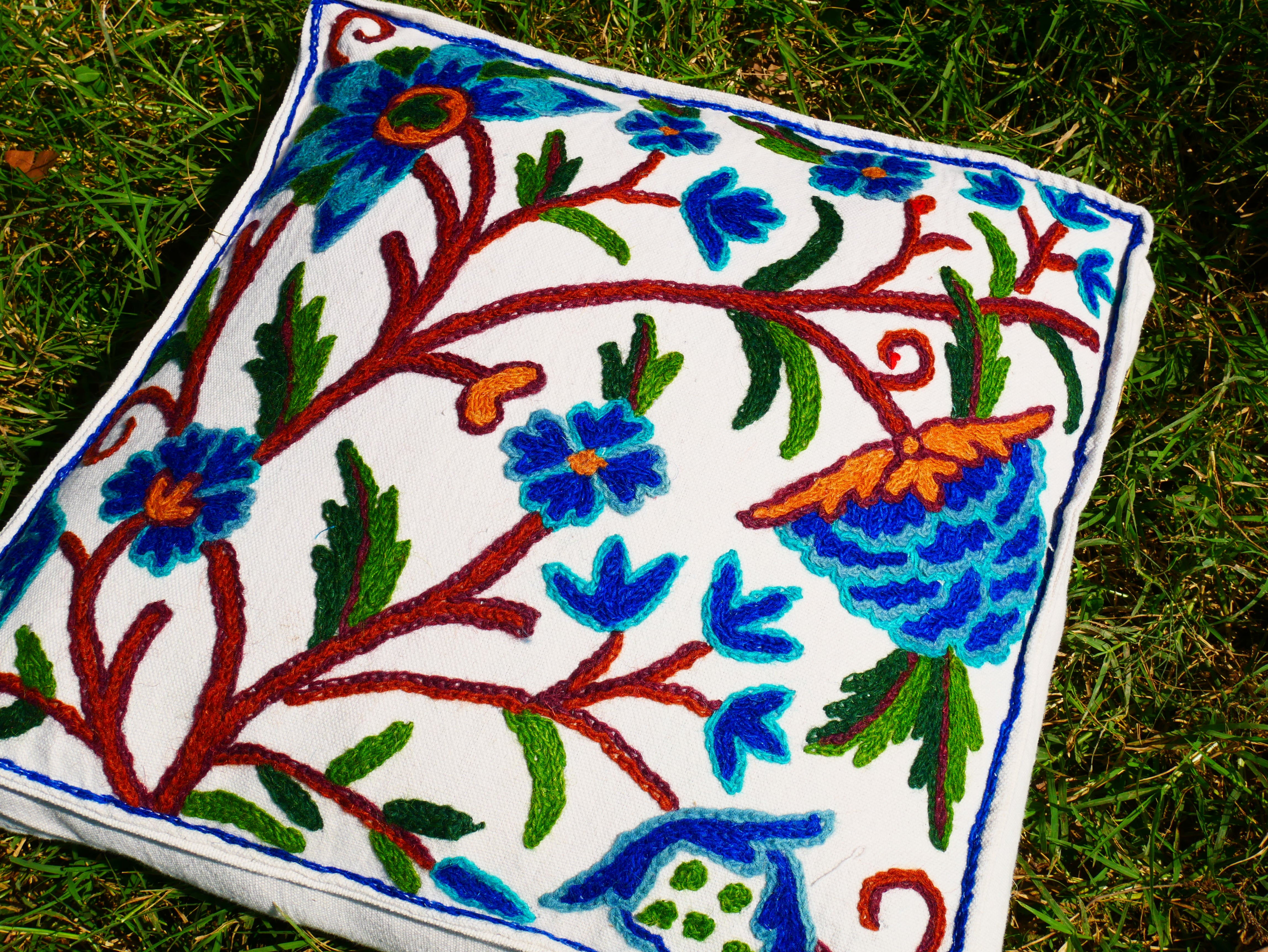 Kashmiri Meditation Cushion Covver – Hand Embroidered Floral Design
