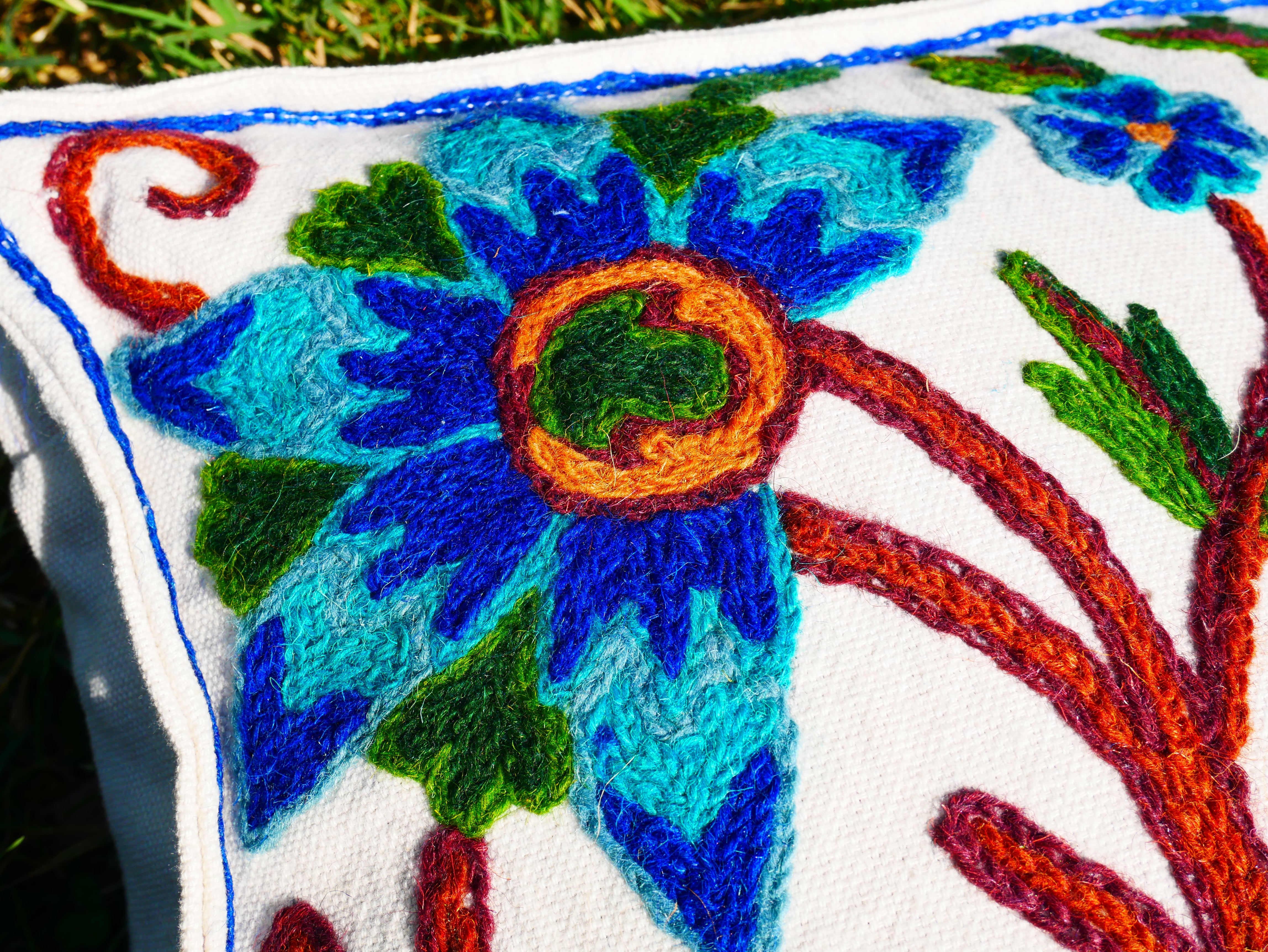 Kashmiri Meditation Cushion Covver – Hand Embroidered Floral Design