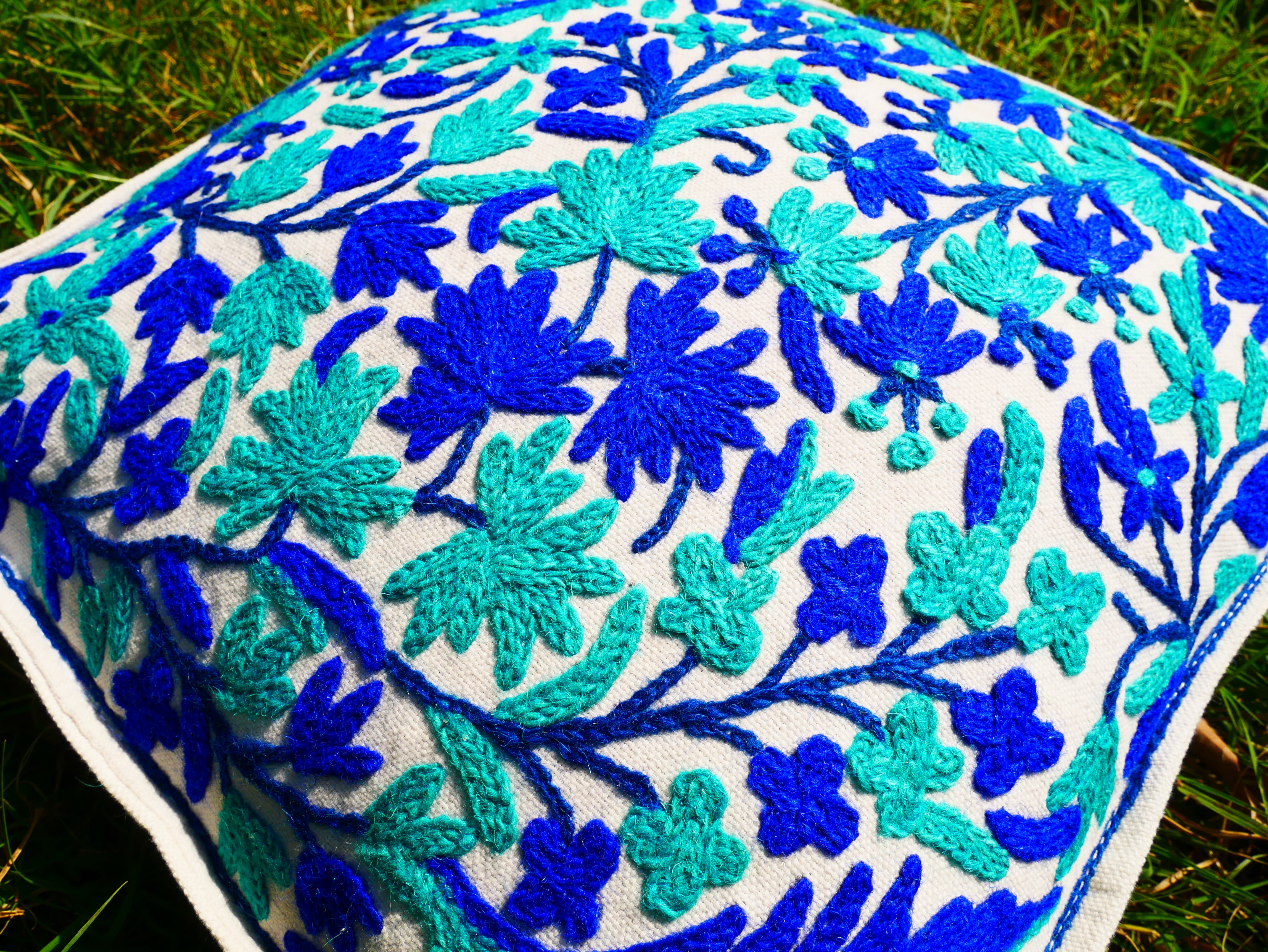 Artisan Kashmiri Embroidered Mandala Cushion Cover – Boho Hippie Floor Pillow for Meditation or Lounge Decor (Cover Only)