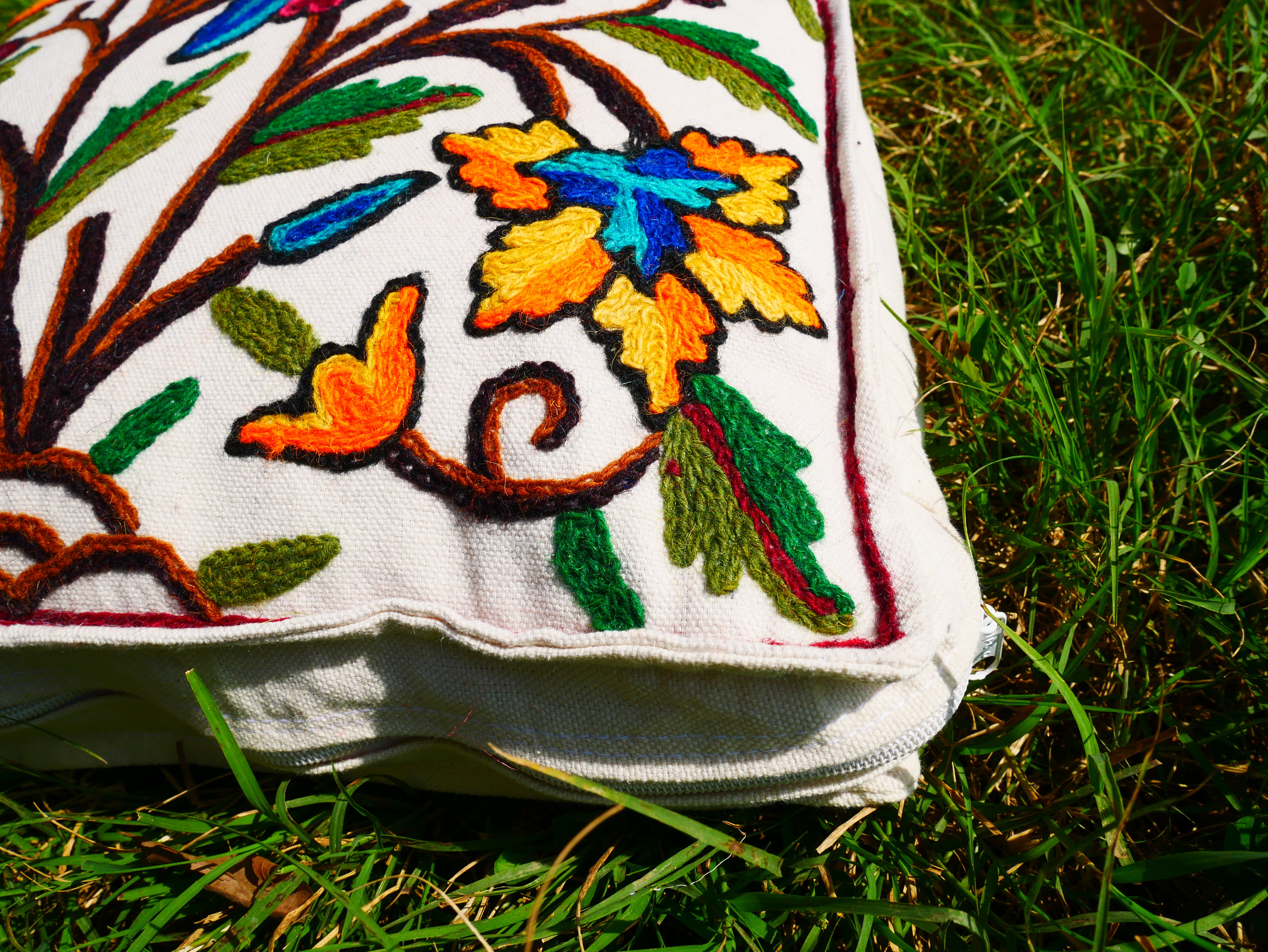 Kashmiri Meditation Cushion Covver – Hand Embroidered Floral Design