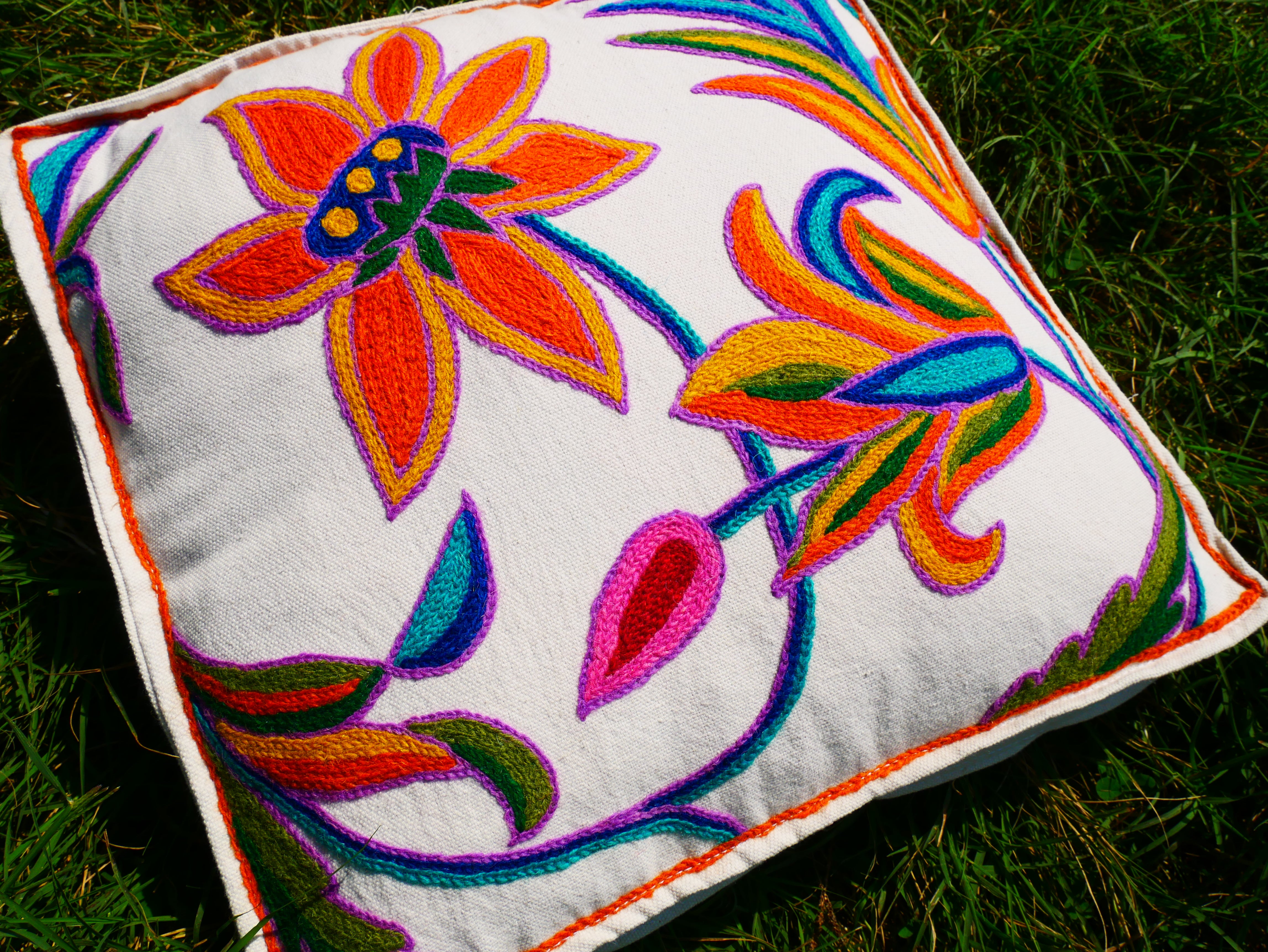 Artisan Kashmiri Embroidered Mandala Cushion Cover – 16x16" Floor Pillow for Meditation or Lounge Decor (Cover Only)