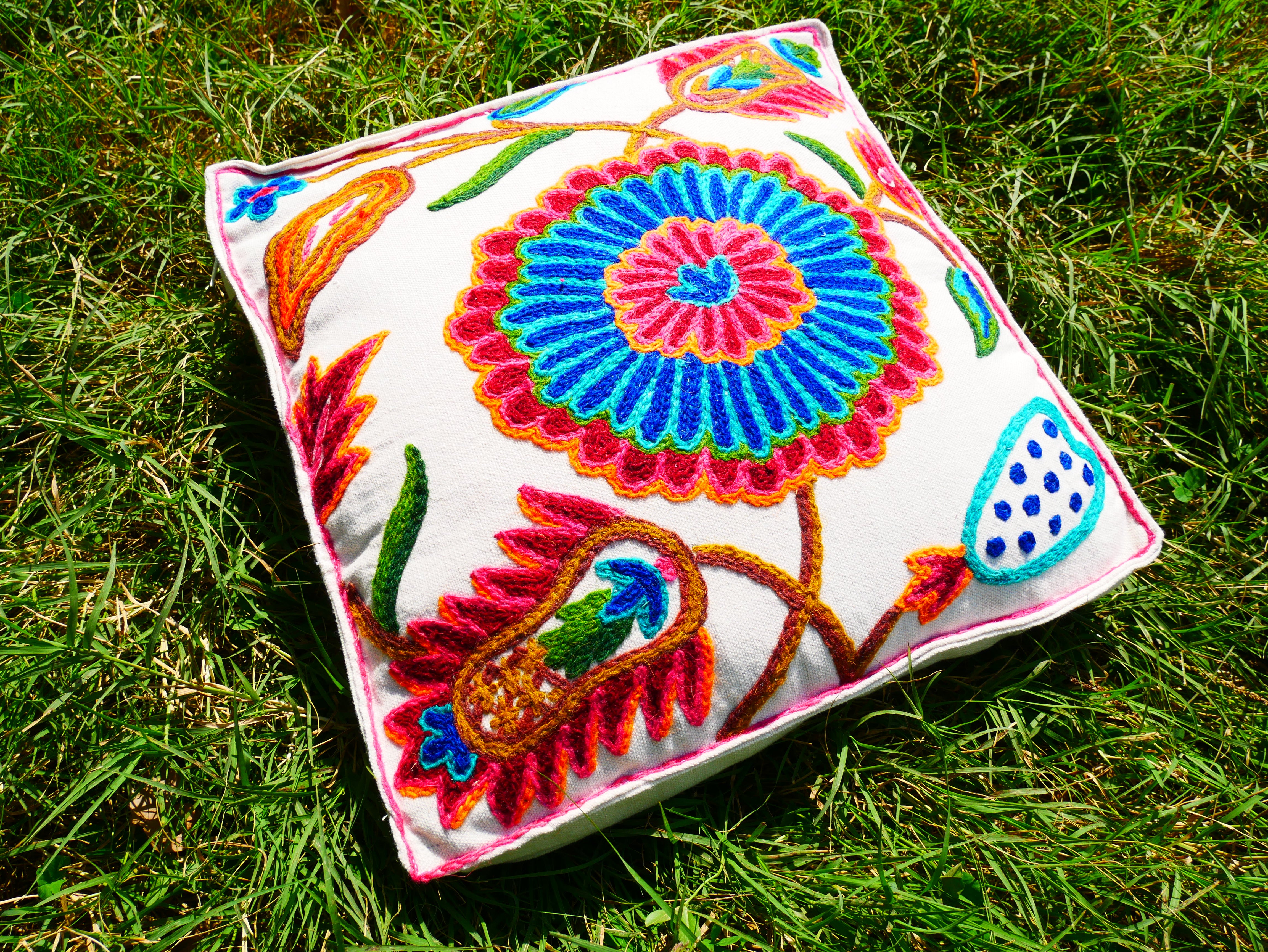 Artisan Kashmiri Embroidered Mandala Cushion Cover – Boho Hippie Floor Pillow for Meditation or Lounge Decor (Cover Only)