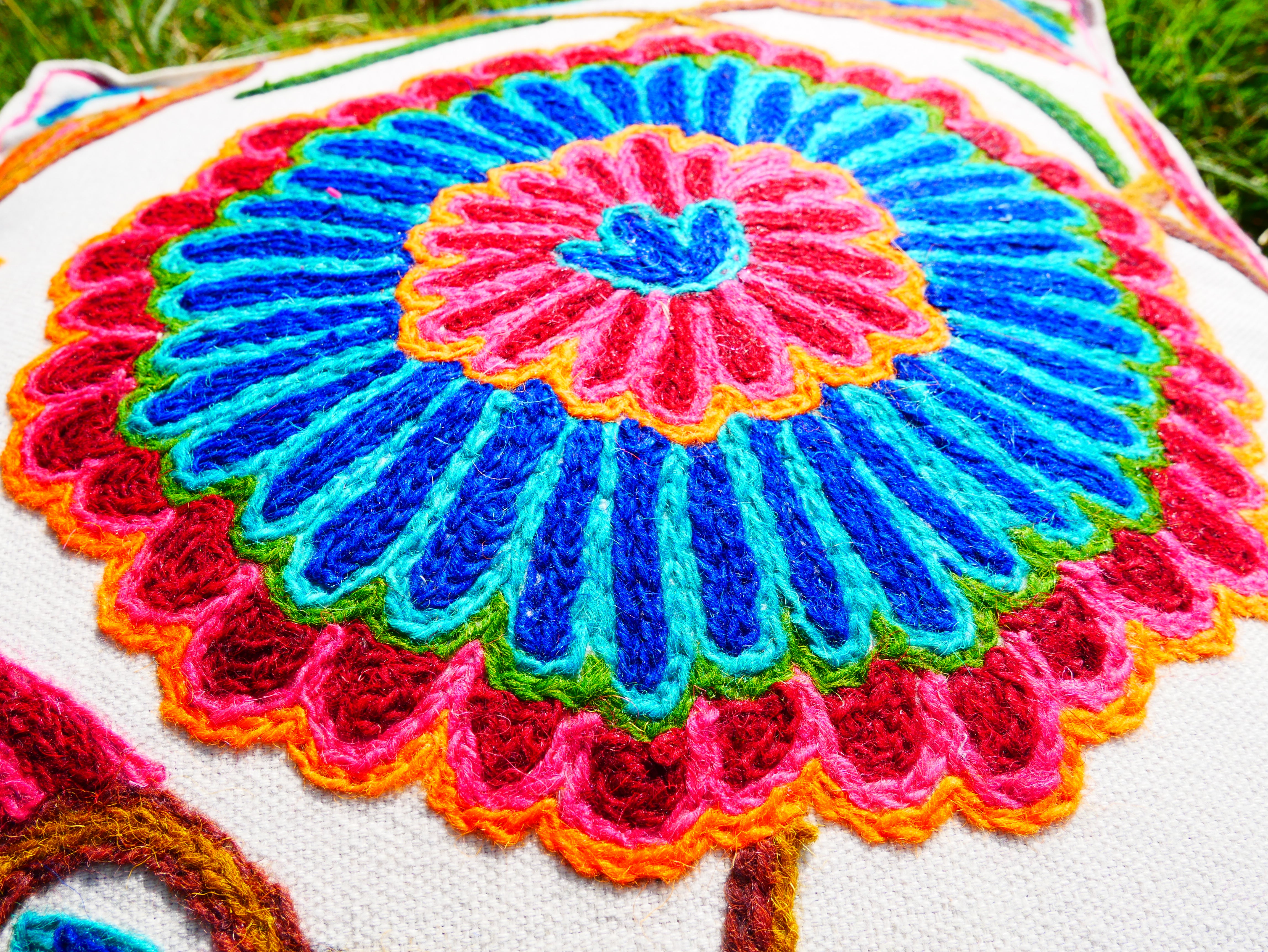 Artisan Kashmiri Embroidered Mandala Cushion Cover – Boho Hippie Floor Pillow for Meditation or Lounge Decor (Cover Only)