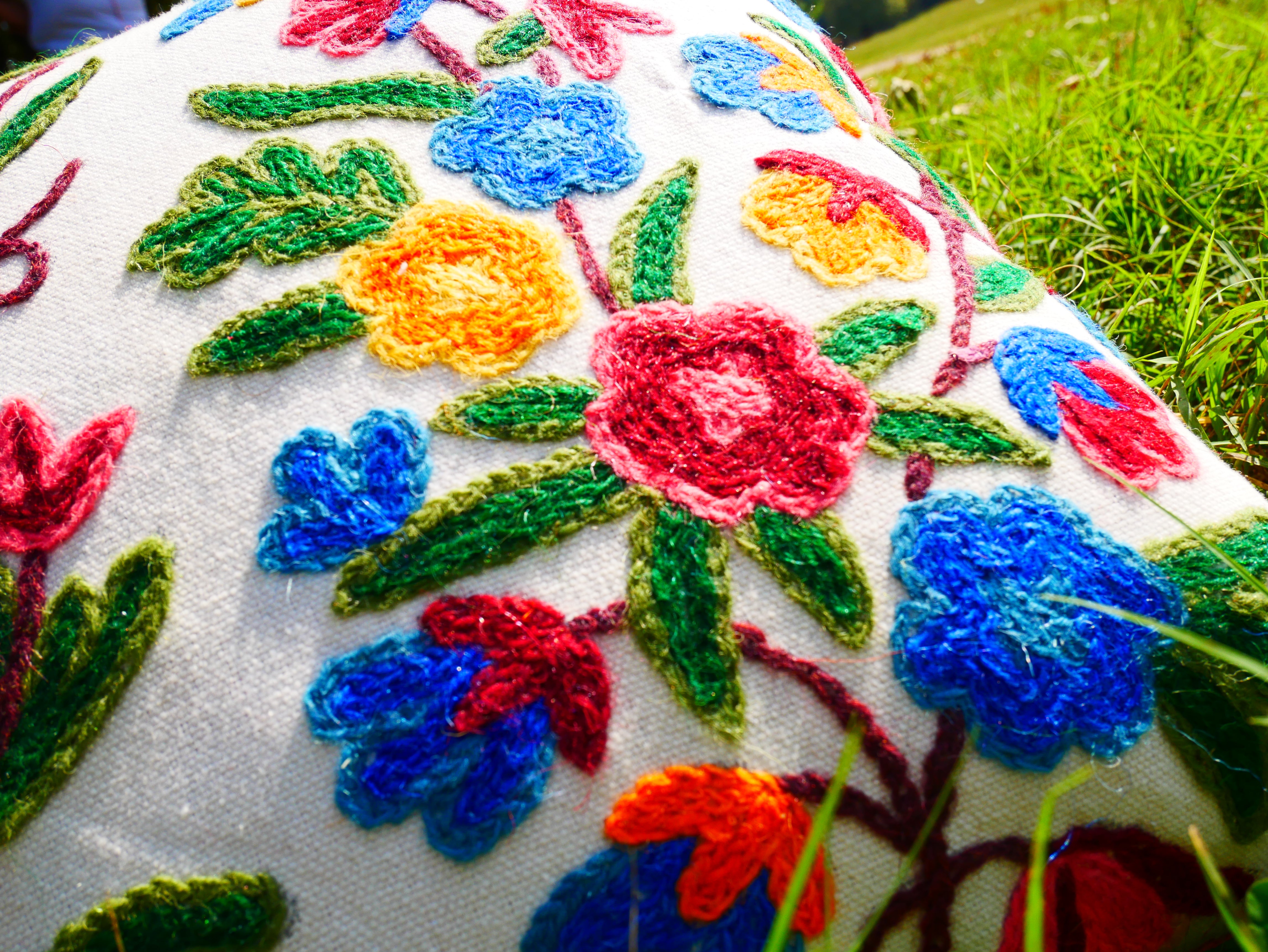 Colorful Kashmiri Crewel Pillow Cover: Handcrafted by Artisans 16x16 inches Handembroidered wool on cotton