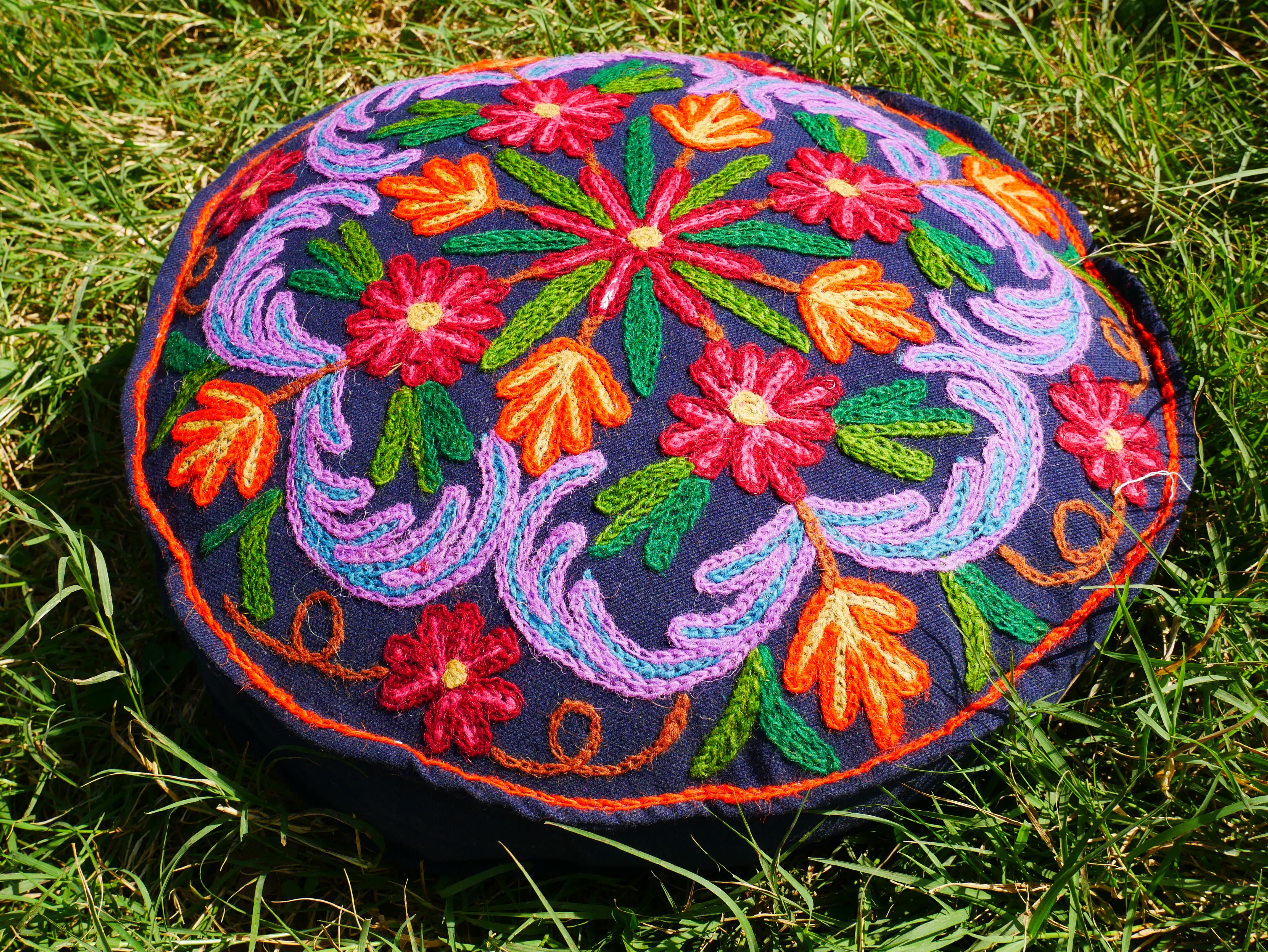 Kashmiri Meditation cushion Embroidery floor pillow cover, Hand embroidered flower Mandala - boho hippie floor seating | Cover only