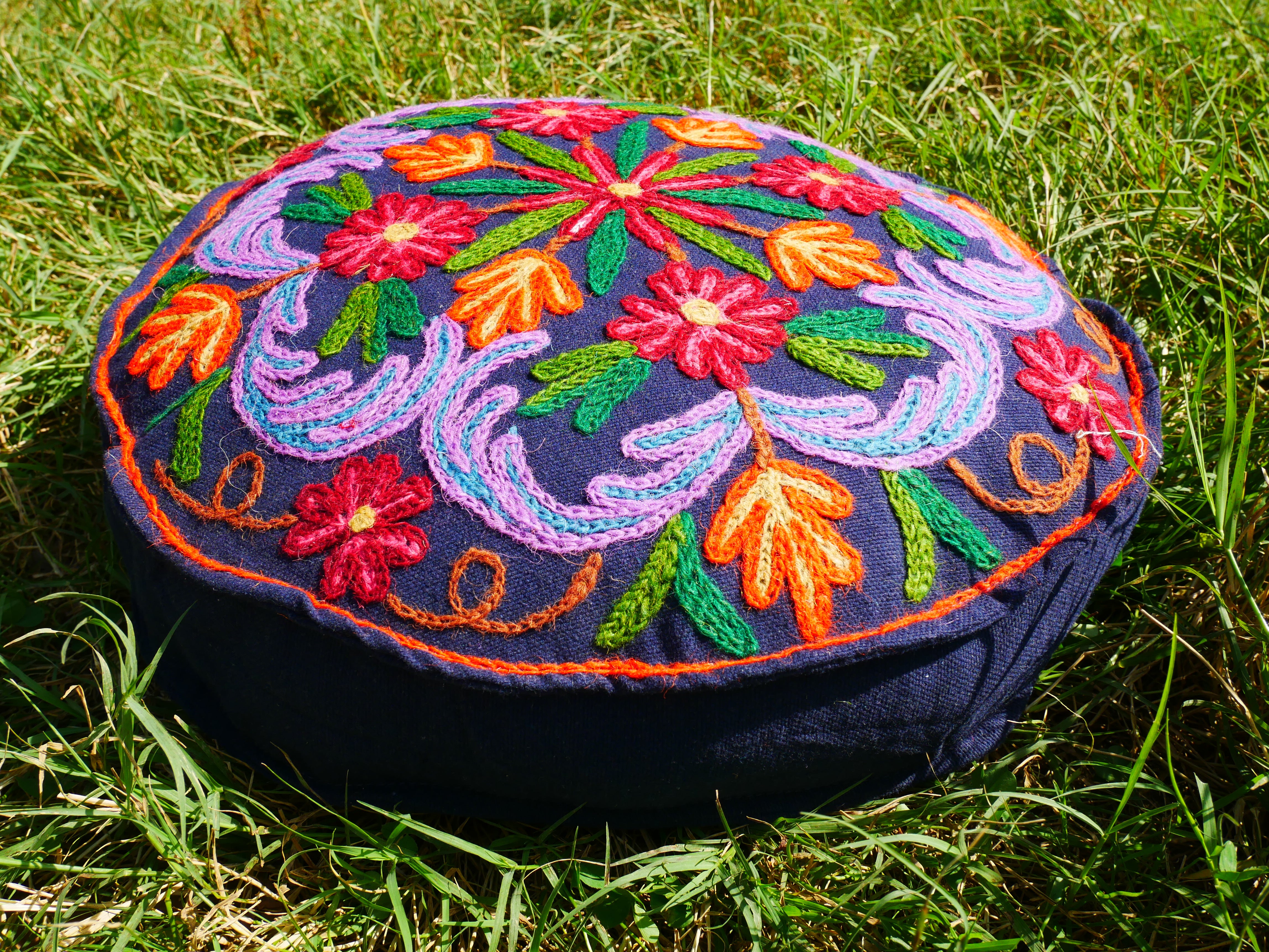 Kashmiri Meditation cushion Embroidery floor pillow cover, Hand embroidered flower Mandala - boho hippie floor seating | Cover only