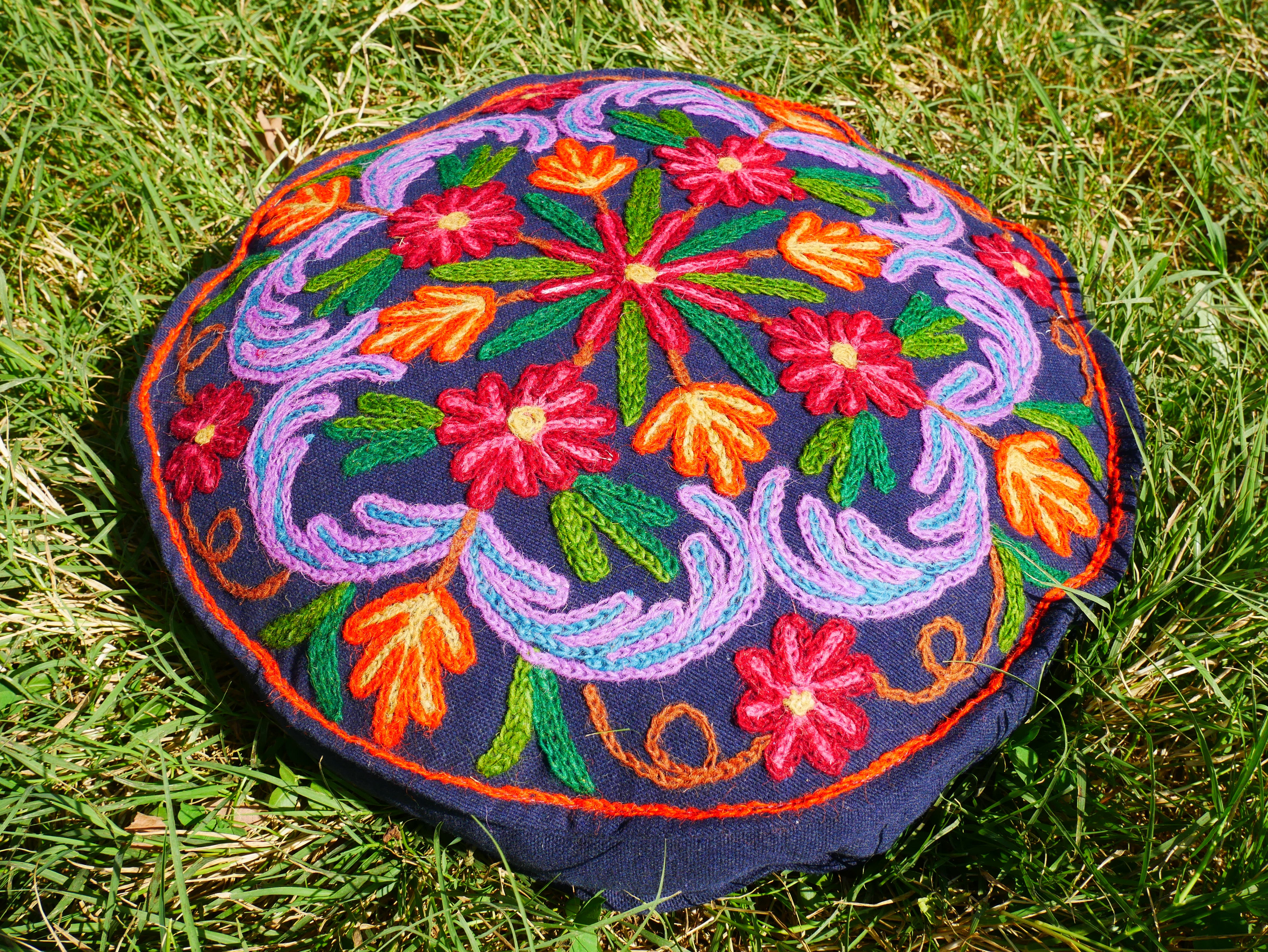 Kashmiri Meditation cushion Embroidery floor pillow cover, Hand embroidered flower Mandala - boho hippie floor seating | Cover only