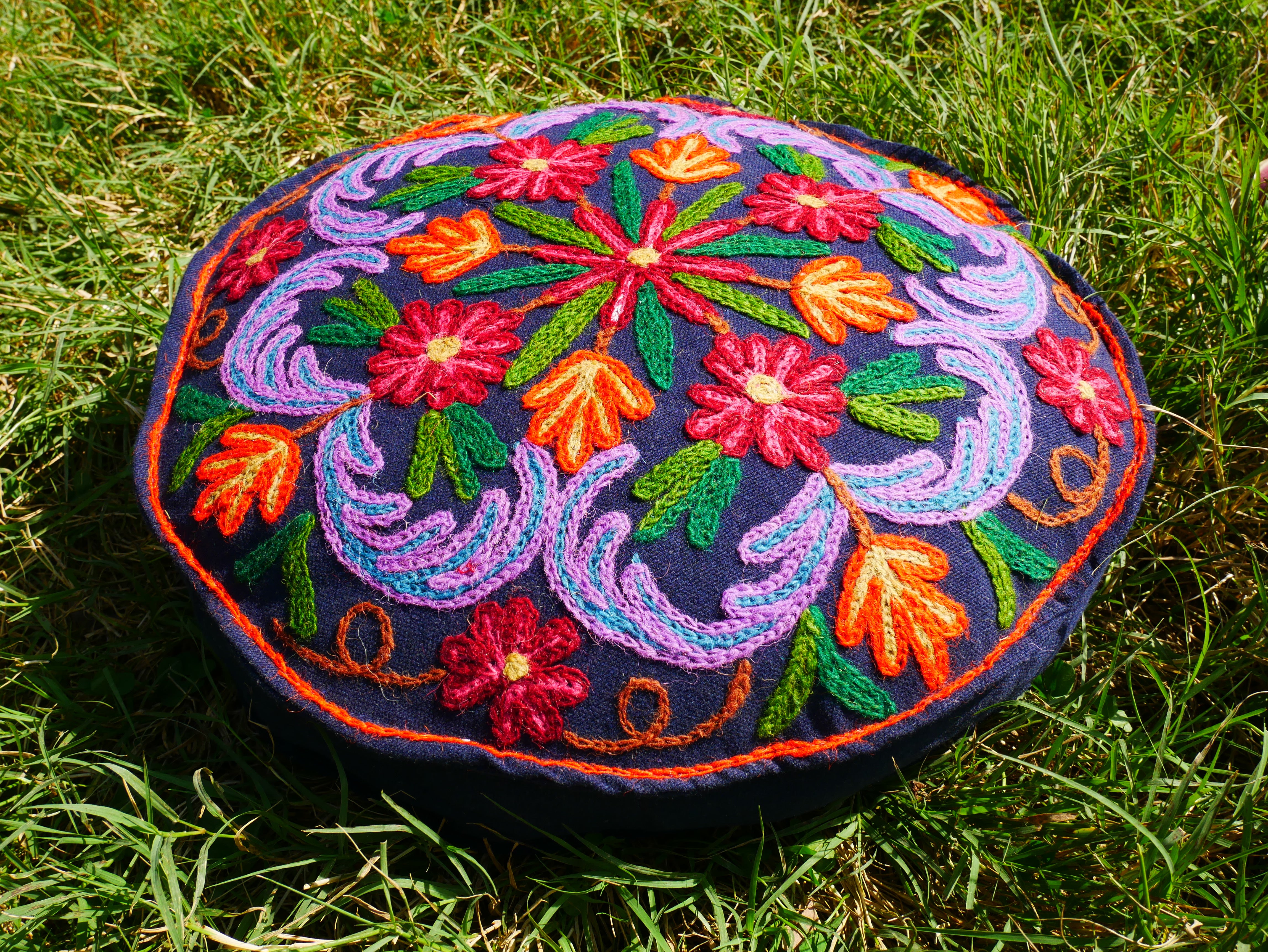 Kashmiri Meditation cushion Embroidery floor pillow cover, Hand embroidered flower Mandala - boho hippie floor seating | Cover only