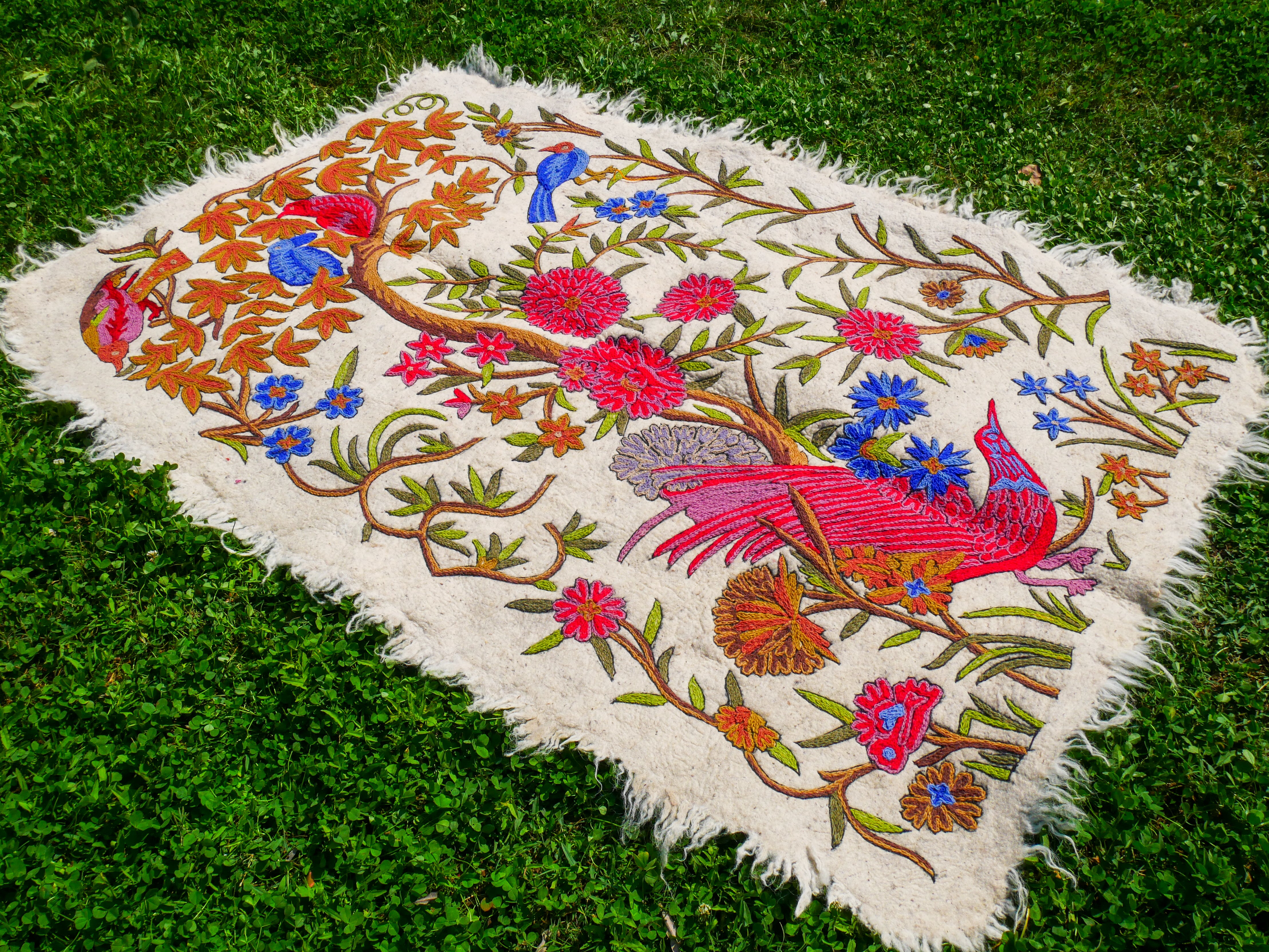Amazing Artisan Rug Hand-Felted Namda From Kashmir | Floral Embroidered Boho Area Carpet