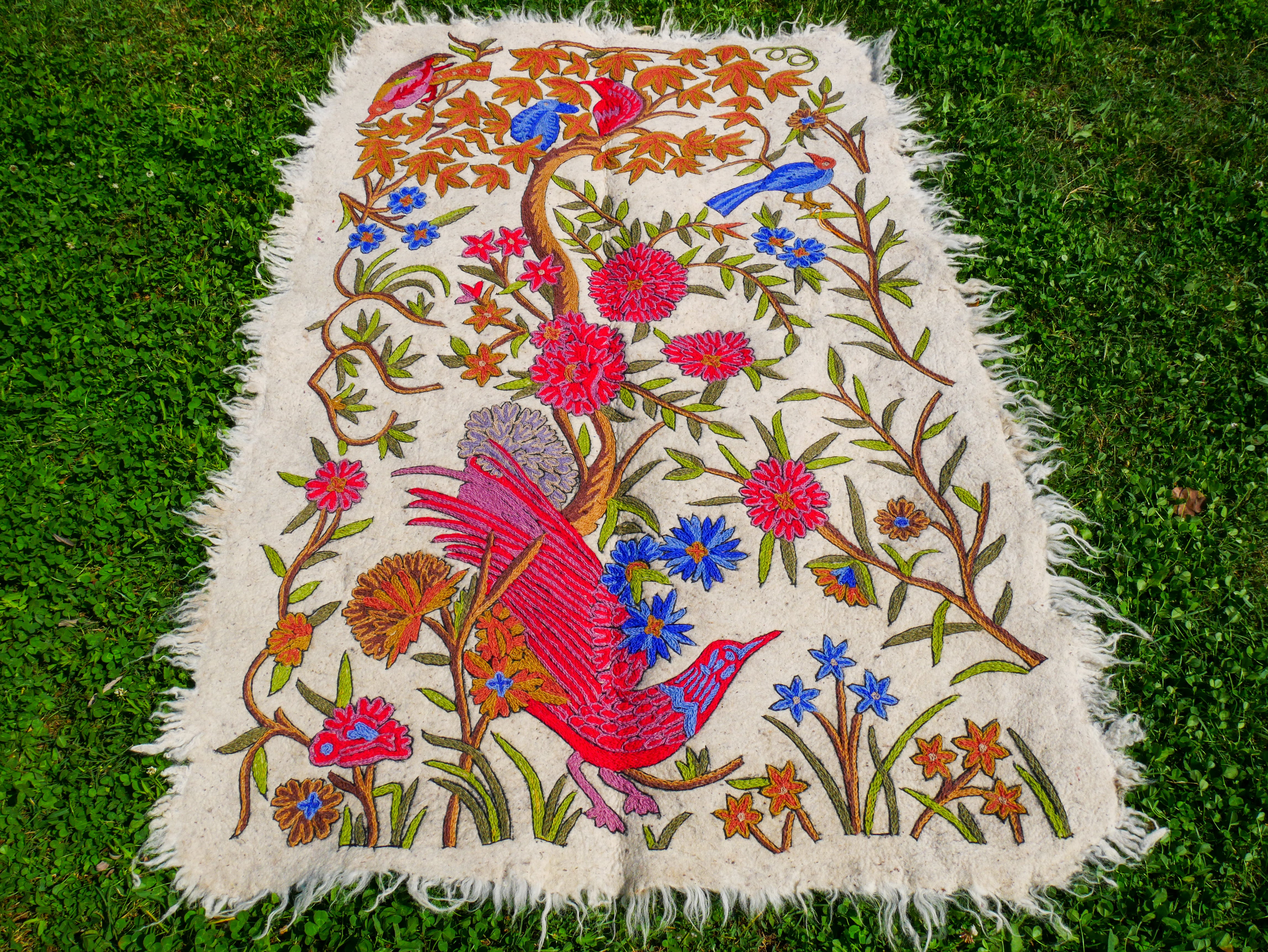 Amazing Artisan Rug Hand-Felted Namda From Kashmir | Floral Embroidered Boho Area Carpet