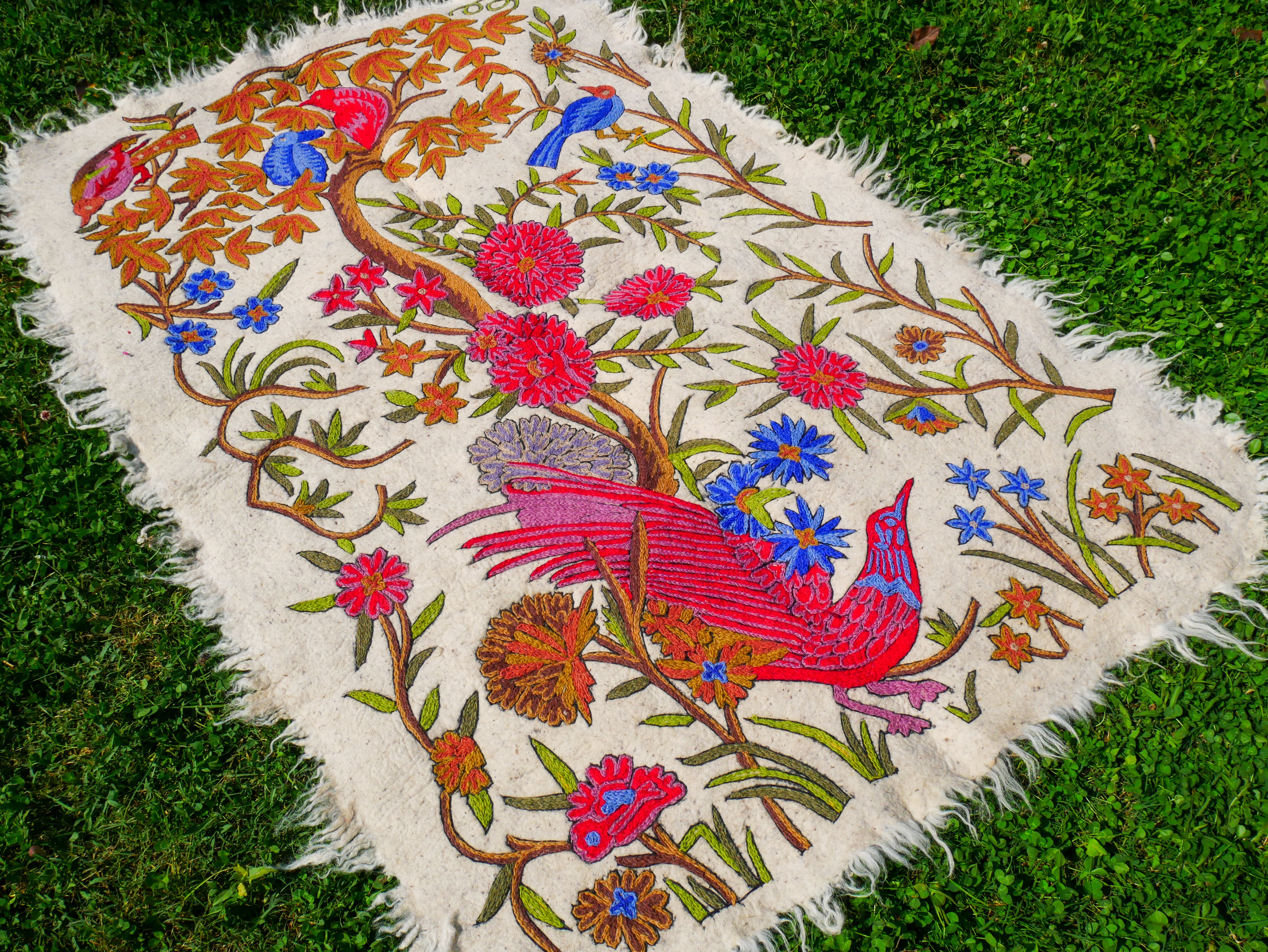 Amazing Artisan Rug Hand-Felted Namda From Kashmir | Floral Embroidered Boho Area Carpet