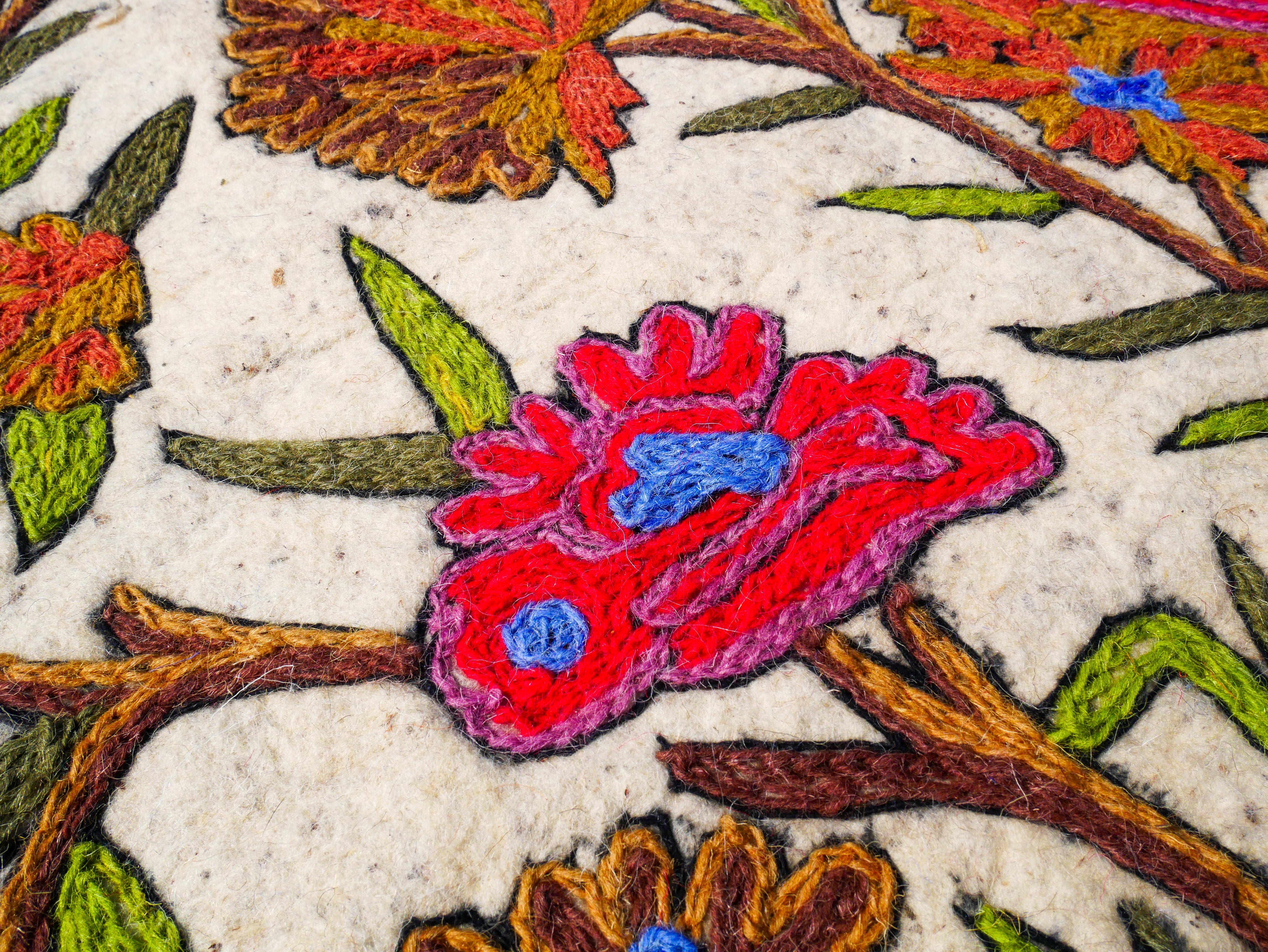 Amazing Artisan Rug Hand-Felted Namda From Kashmir | Floral Embroidered Boho Area Carpet
