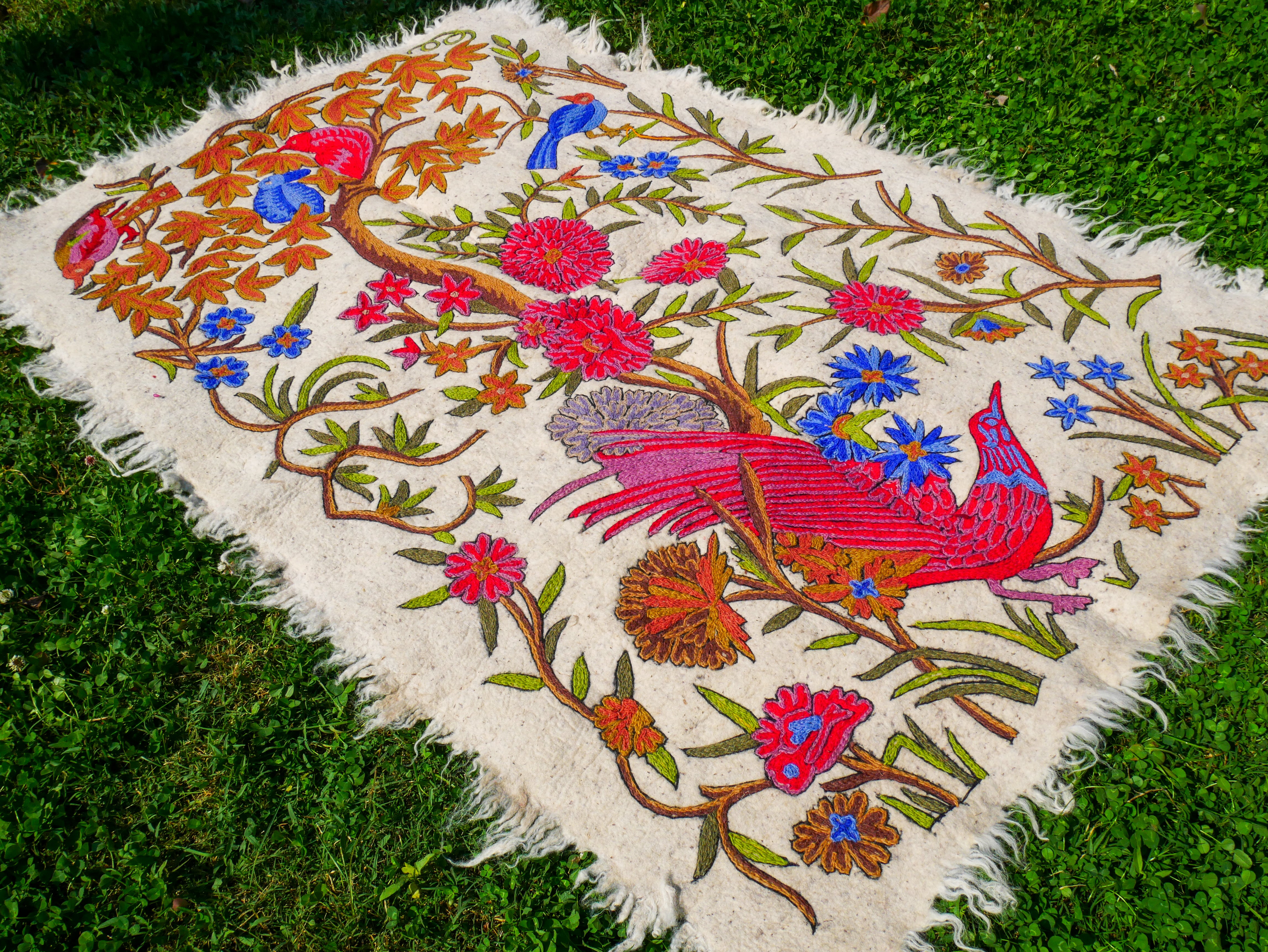 Amazing Artisan Rug Hand-Felted Namda From Kashmir | Floral Embroidered Boho Area Carpet