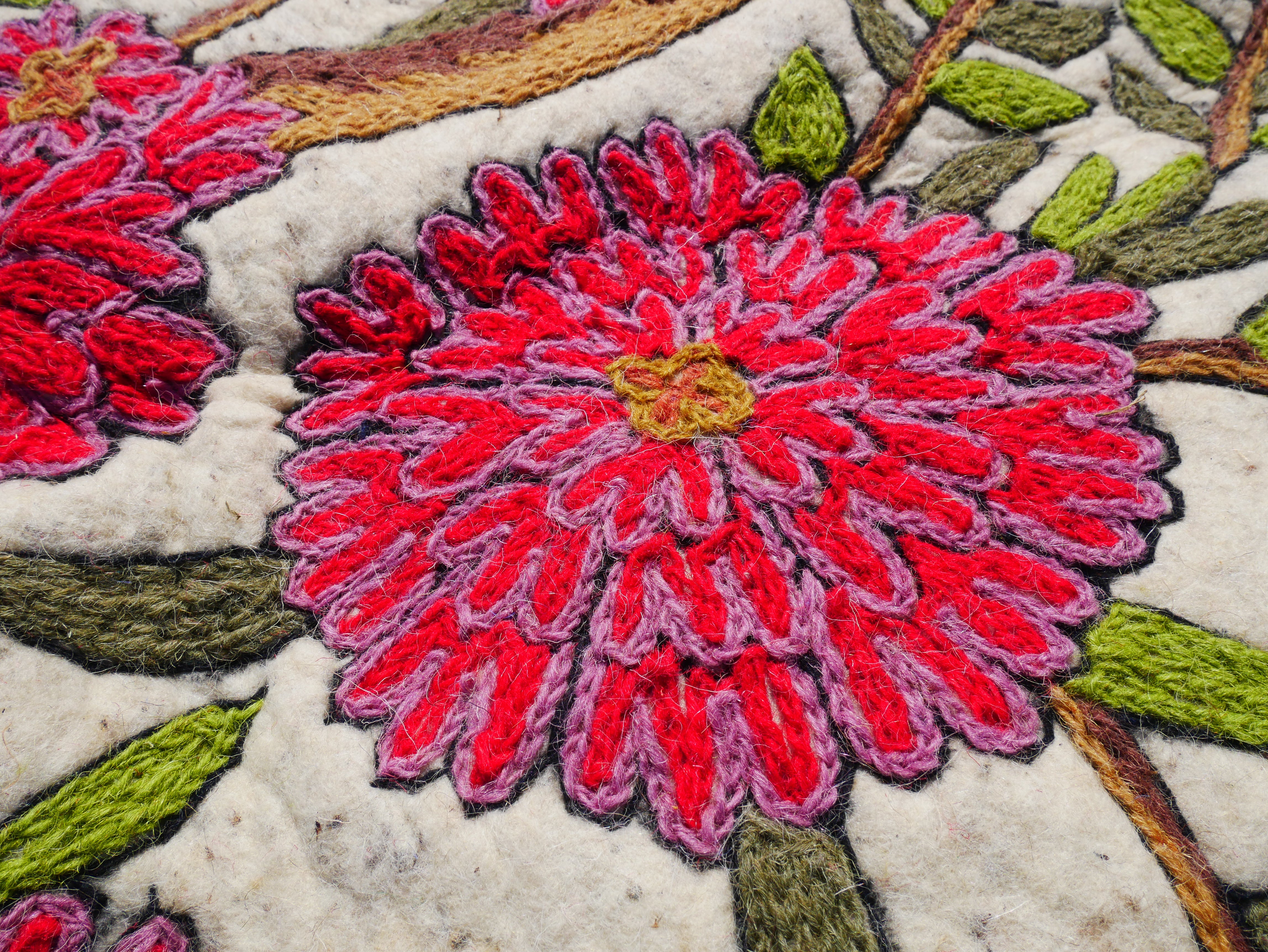 Amazing Artisan Rug Hand-Felted Namda From Kashmir | Floral Embroidered Boho Area Carpet