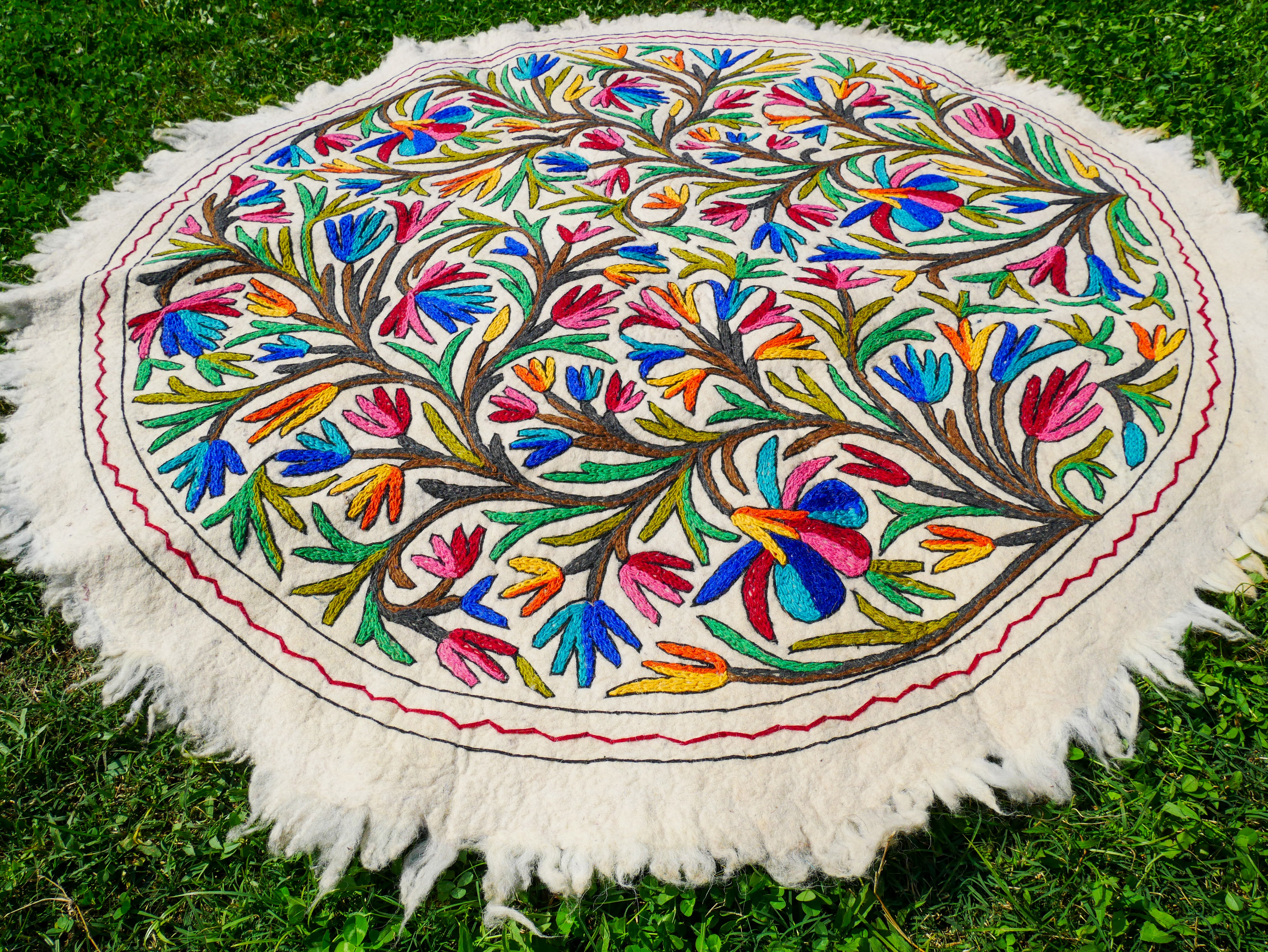 Round Boho Wool Rug 5ft “Namda” | Handmade Embroidered Kashmir Carpet | Cozy Colorful Floor Accent
