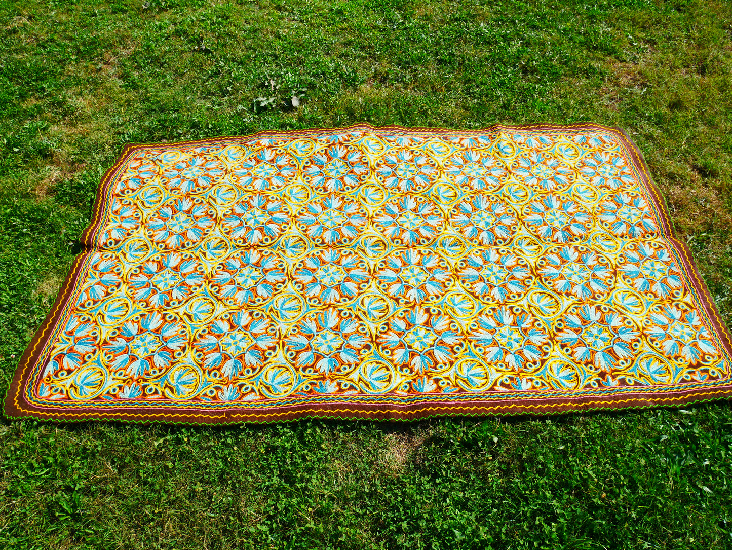 Hand felted Kashmiri Namda rug 6x10 fully embroidered - soft bohemian bedroom rug