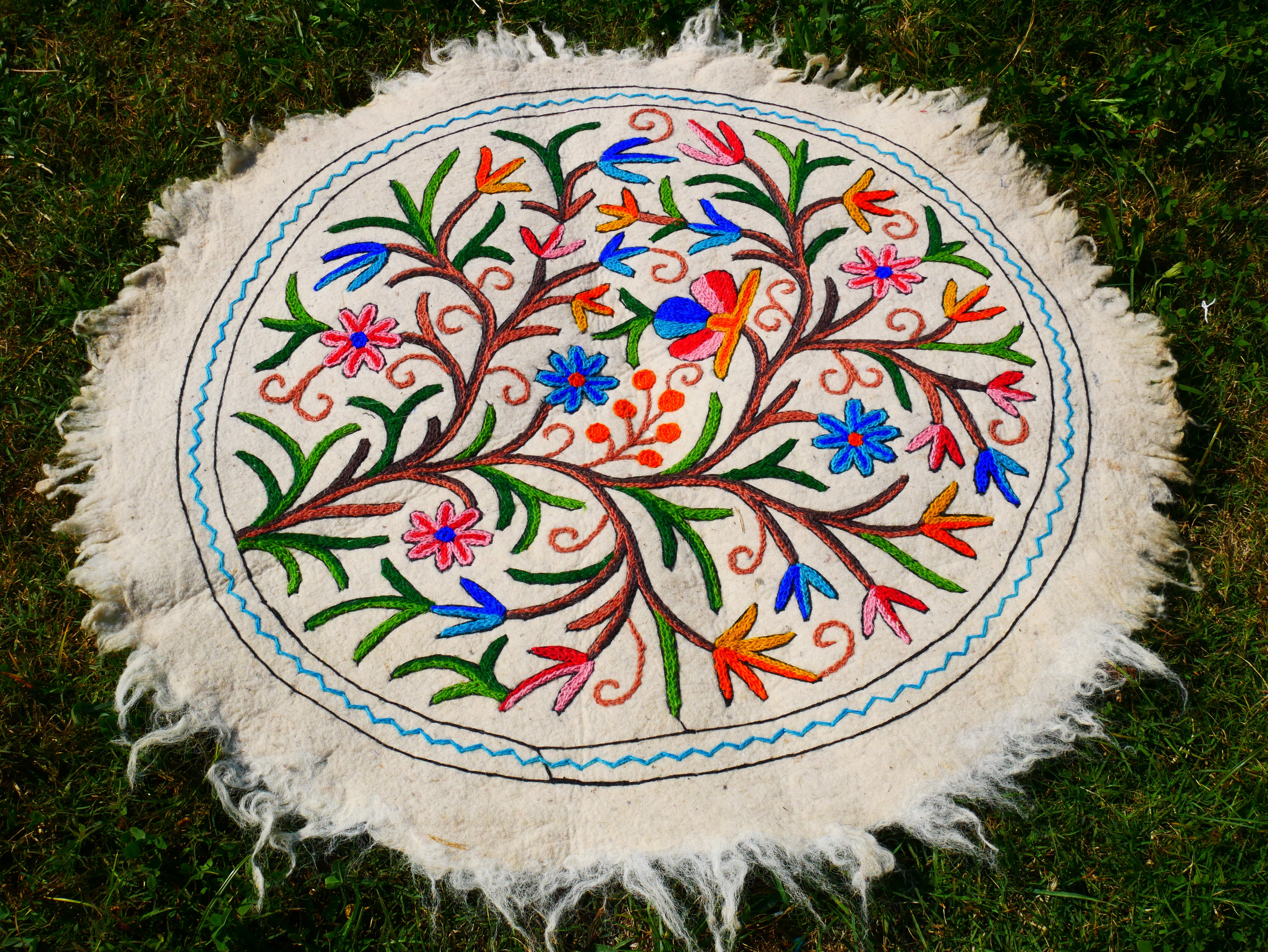 Boho Mandala Rug – Handcrafted Wool Namda from Kashmir, Colorful Embroidered Home Decor