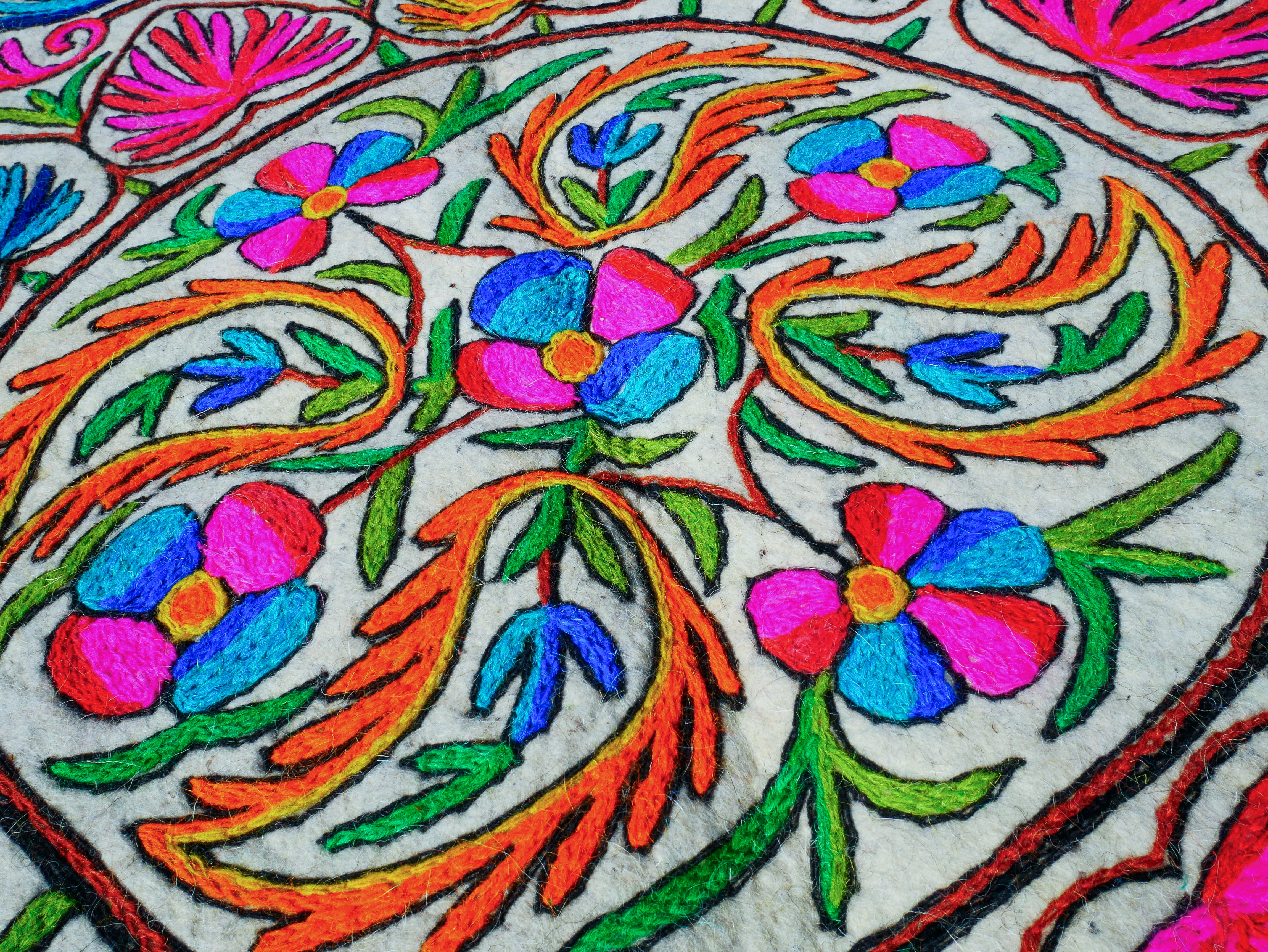 Alfombra de lana redonda de fieltro a mano de 1,83 m | Namda tradicional de Cachemira | Alfombra de piso bordada estilo bohemio