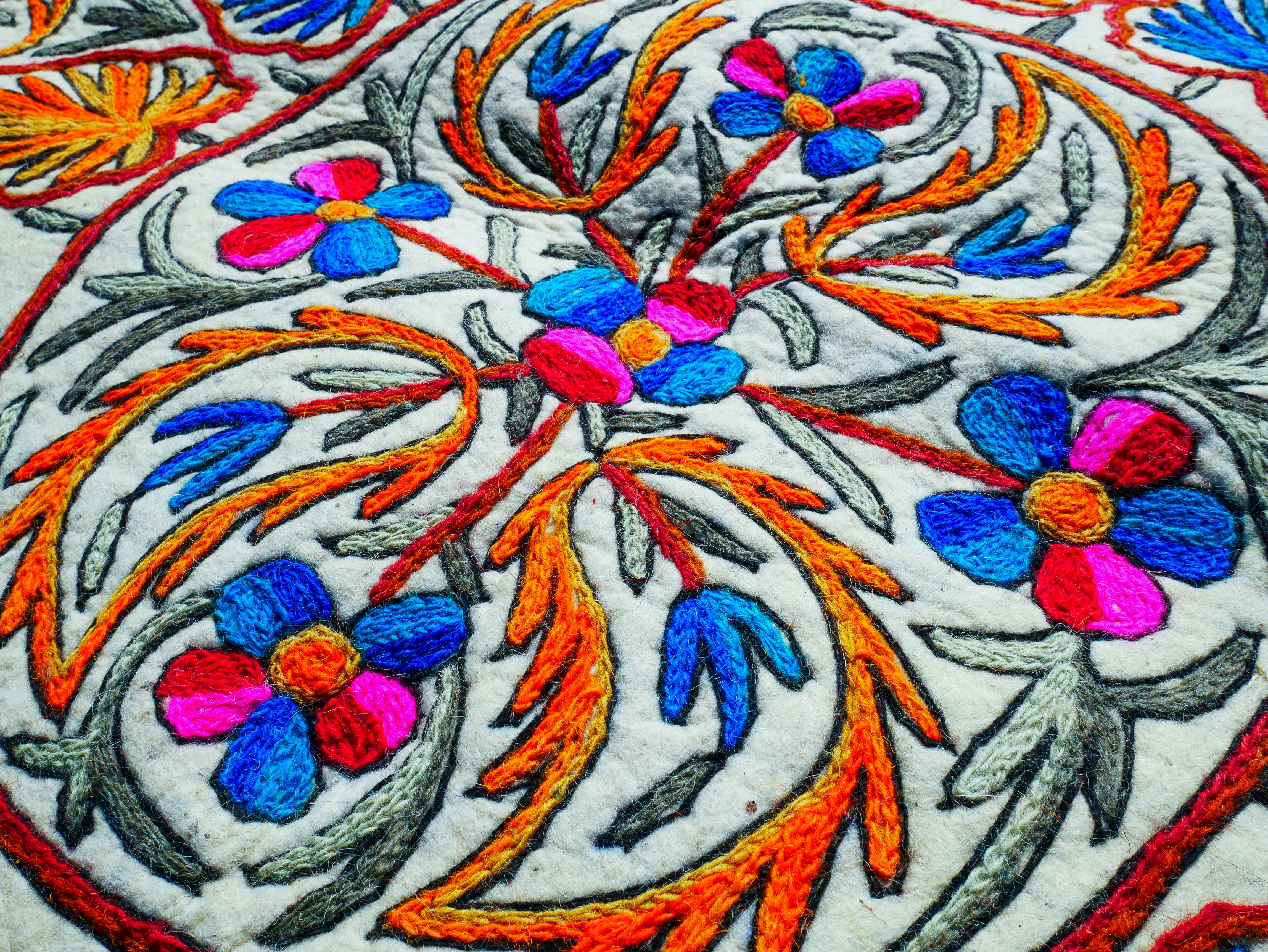 Round rug 6 ft boho wool rug "Namda" from Kashmir hand felted and embroidered