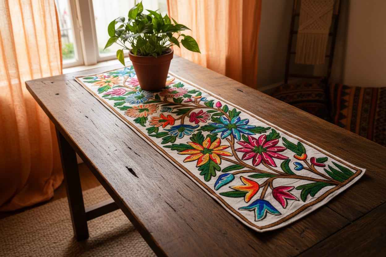 Kashmiri Crewel Embroidered Table Runner – Handmade Floral Table Decor with Traditional Crewel Embroidery