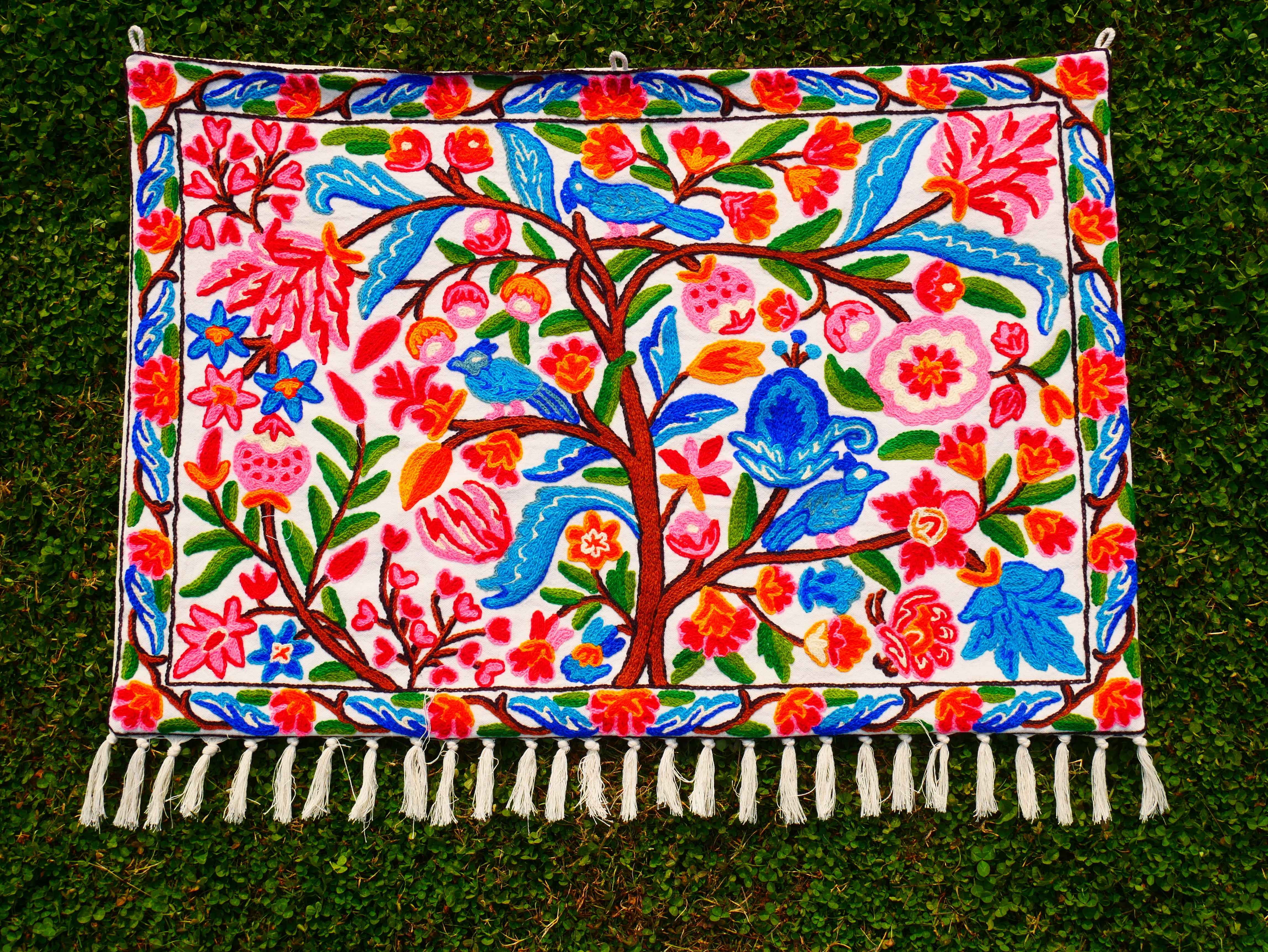 Kashmiri Embroidered Wall Hanging — Floral Tree & Birds, Wool on Cotton