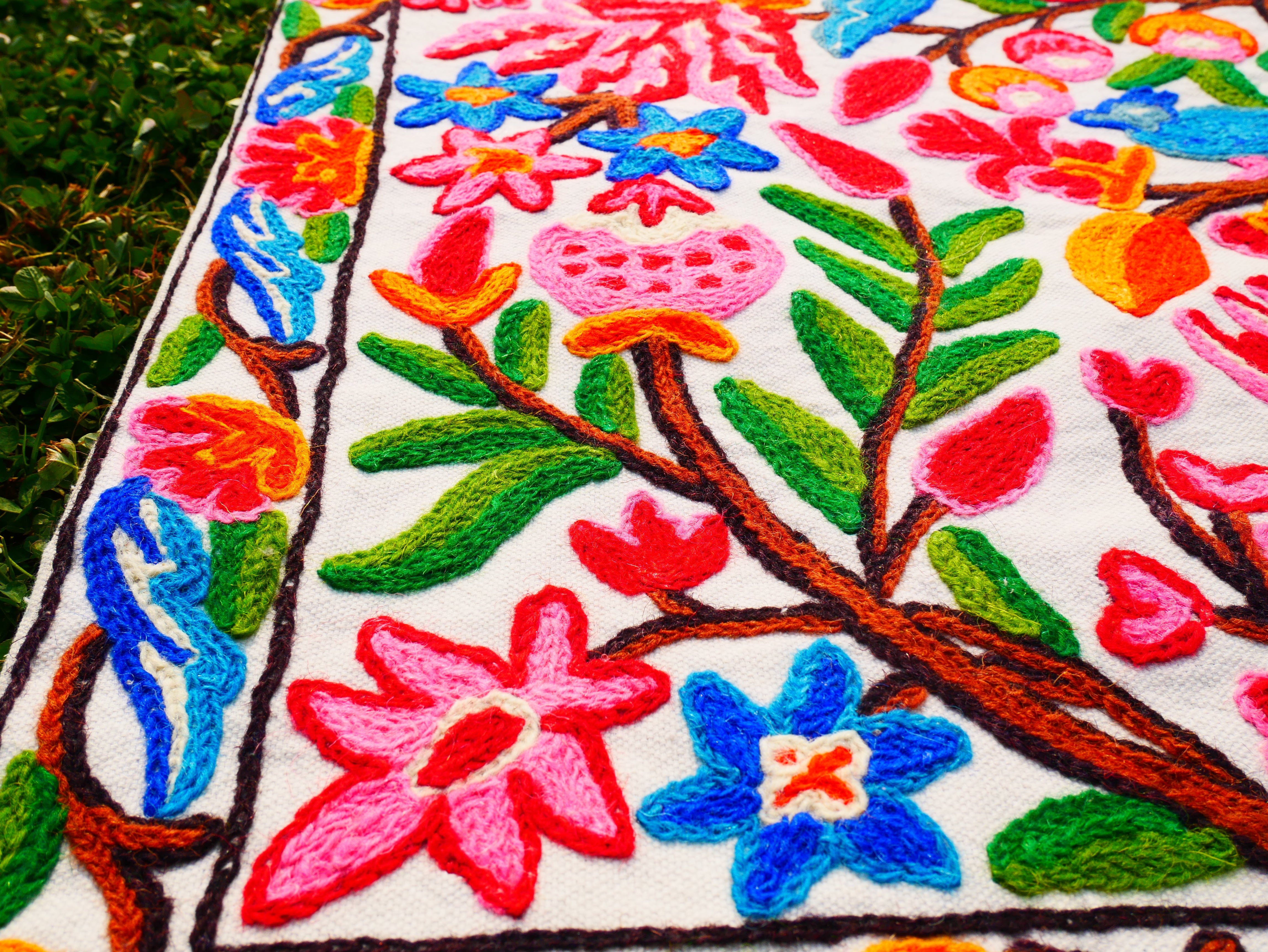 Kashmiri Embroidered Wall Hanging — Floral Tree & Birds, Wool on Cotton