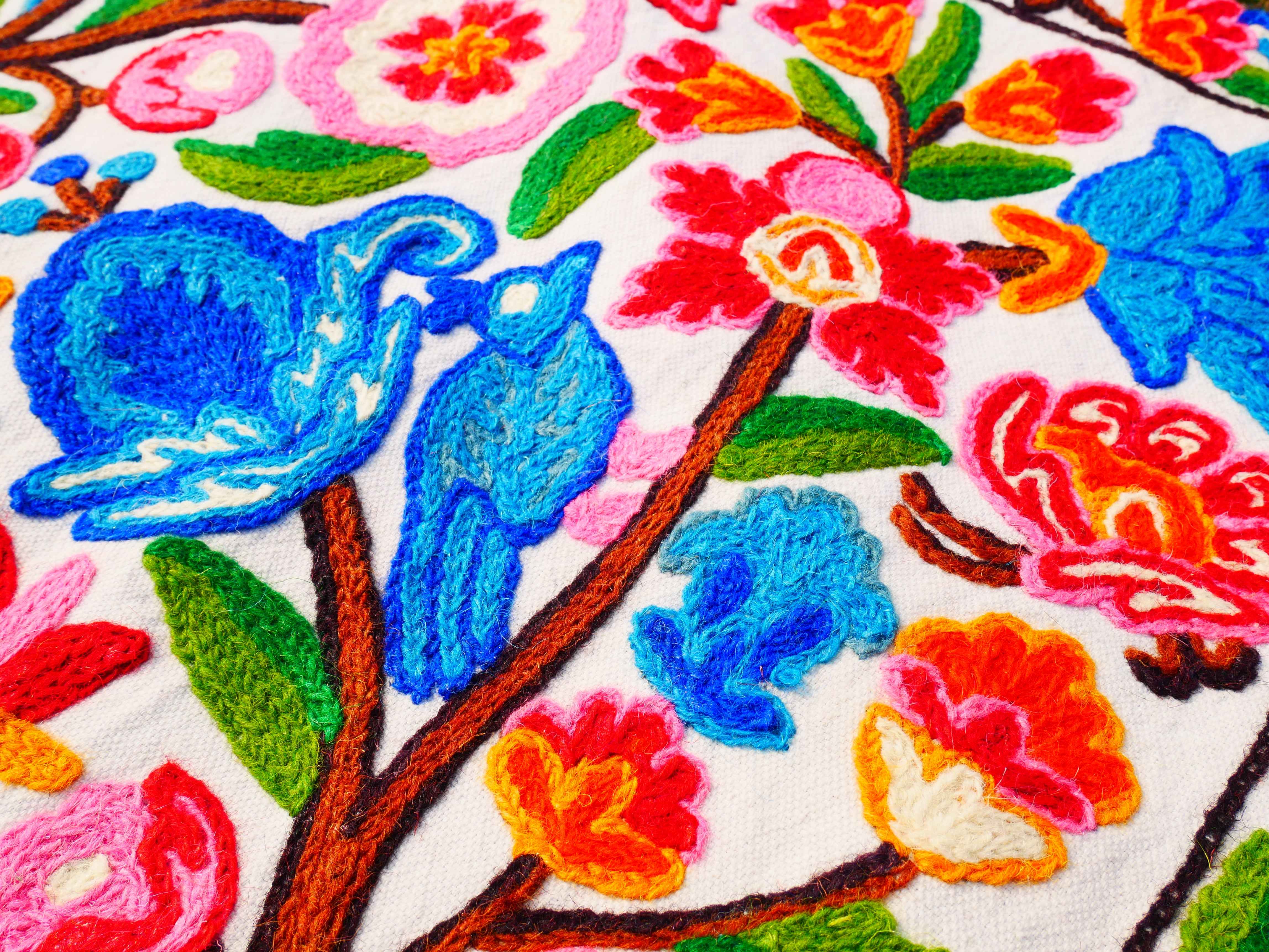 Kashmiri Embroidered Wall Hanging — Floral Tree & Birds, Wool on Cotton