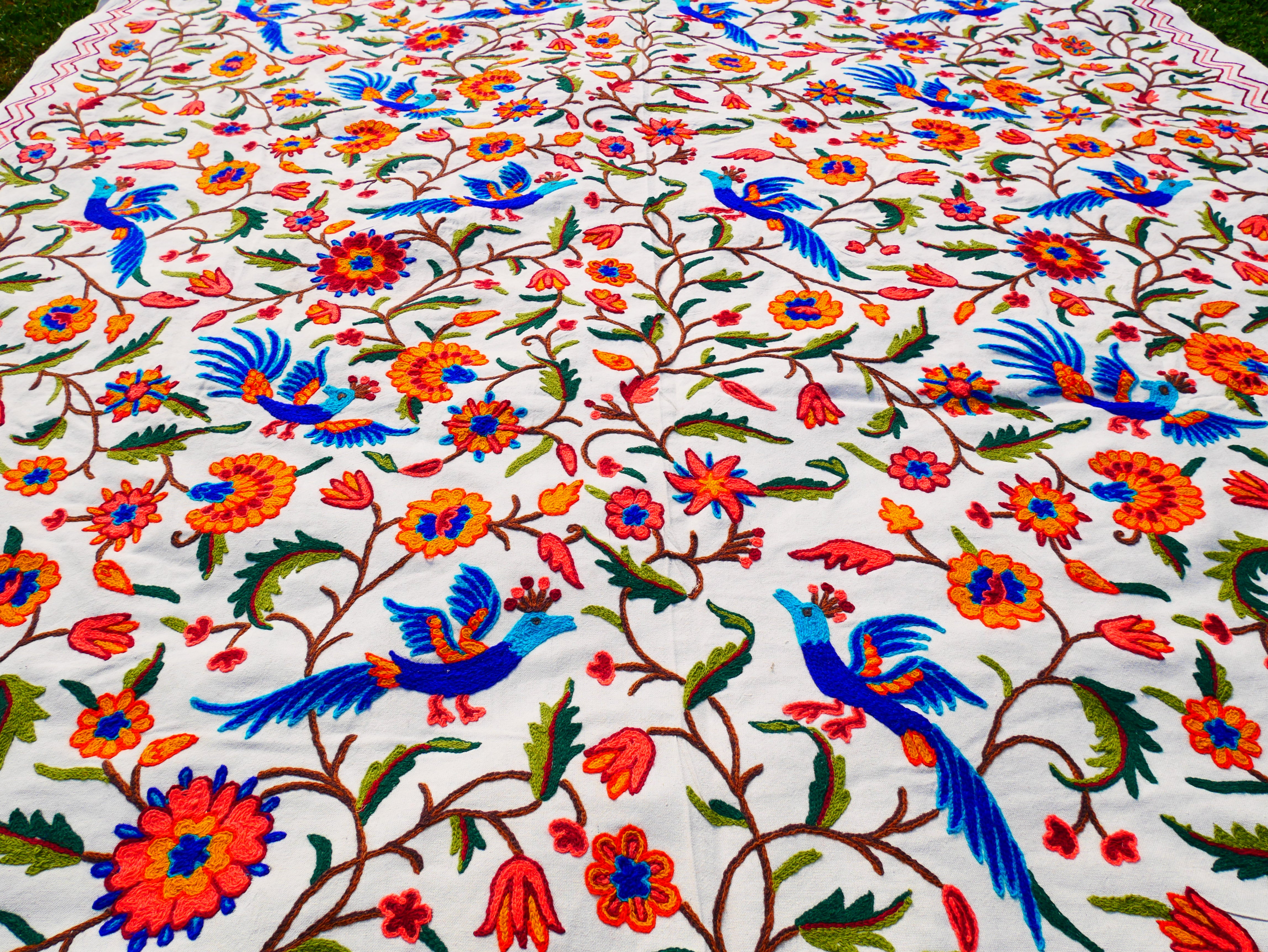 Hand embroidered Kashmiri bedspread - colorful crewel embroidery - large boho bed throw