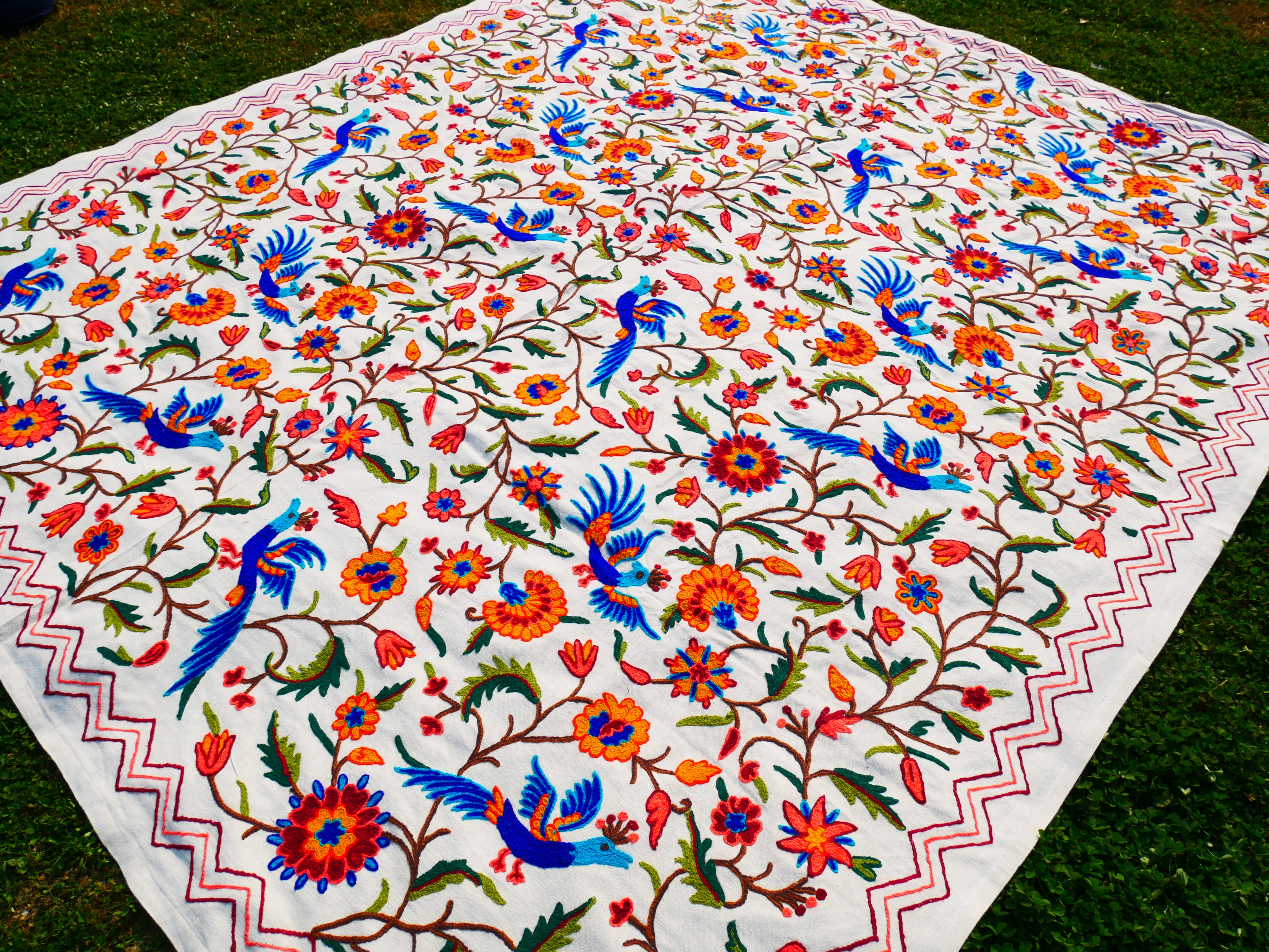 Hand embroidered Kashmiri bedspread - colorful crewel embroidery - large boho bed throw