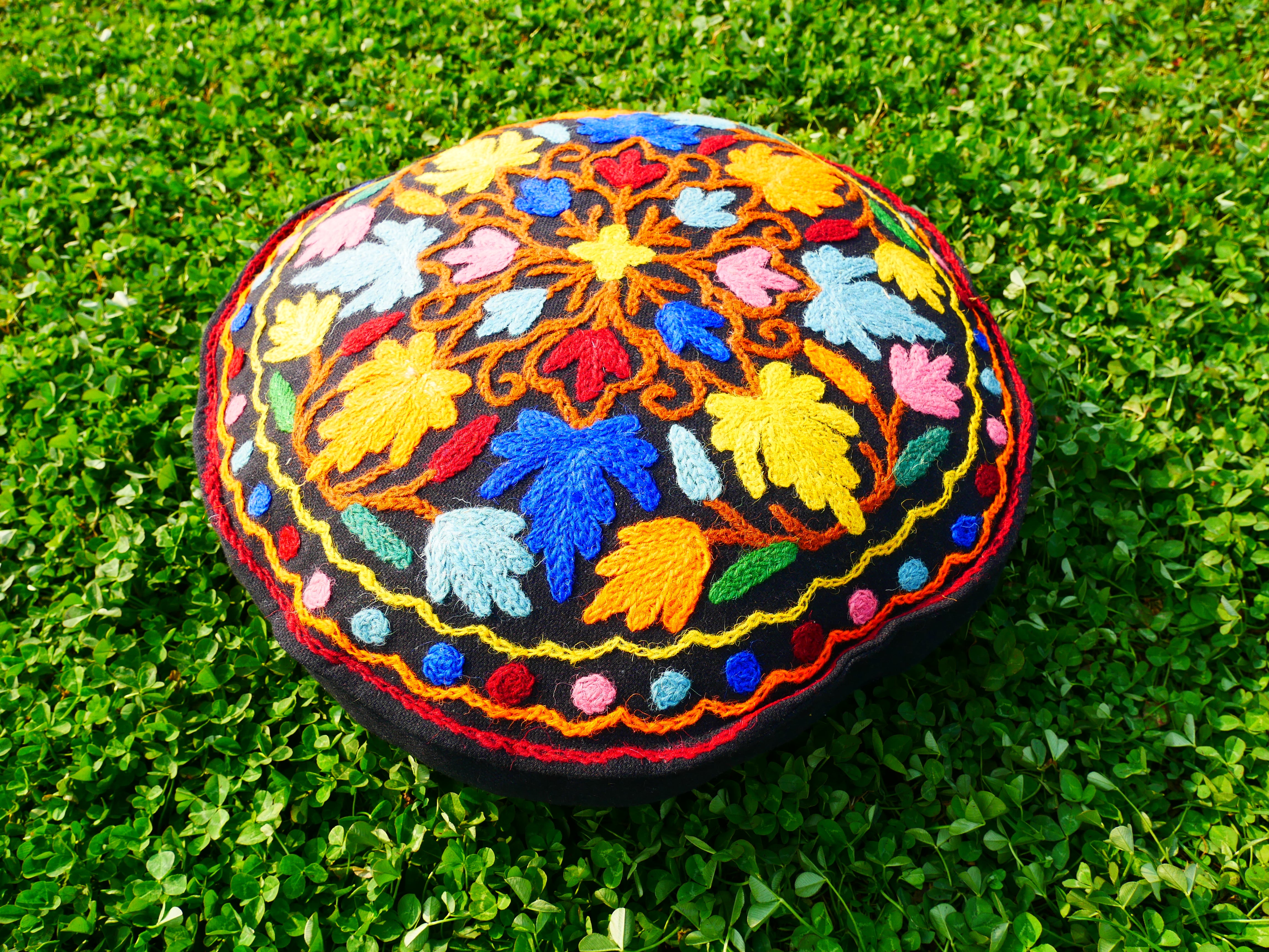 Kashmiri Meditation Cushion Cover - hand embroidered Floor Seating Pillow for Meditation or Yoga Spaces | Cover Only