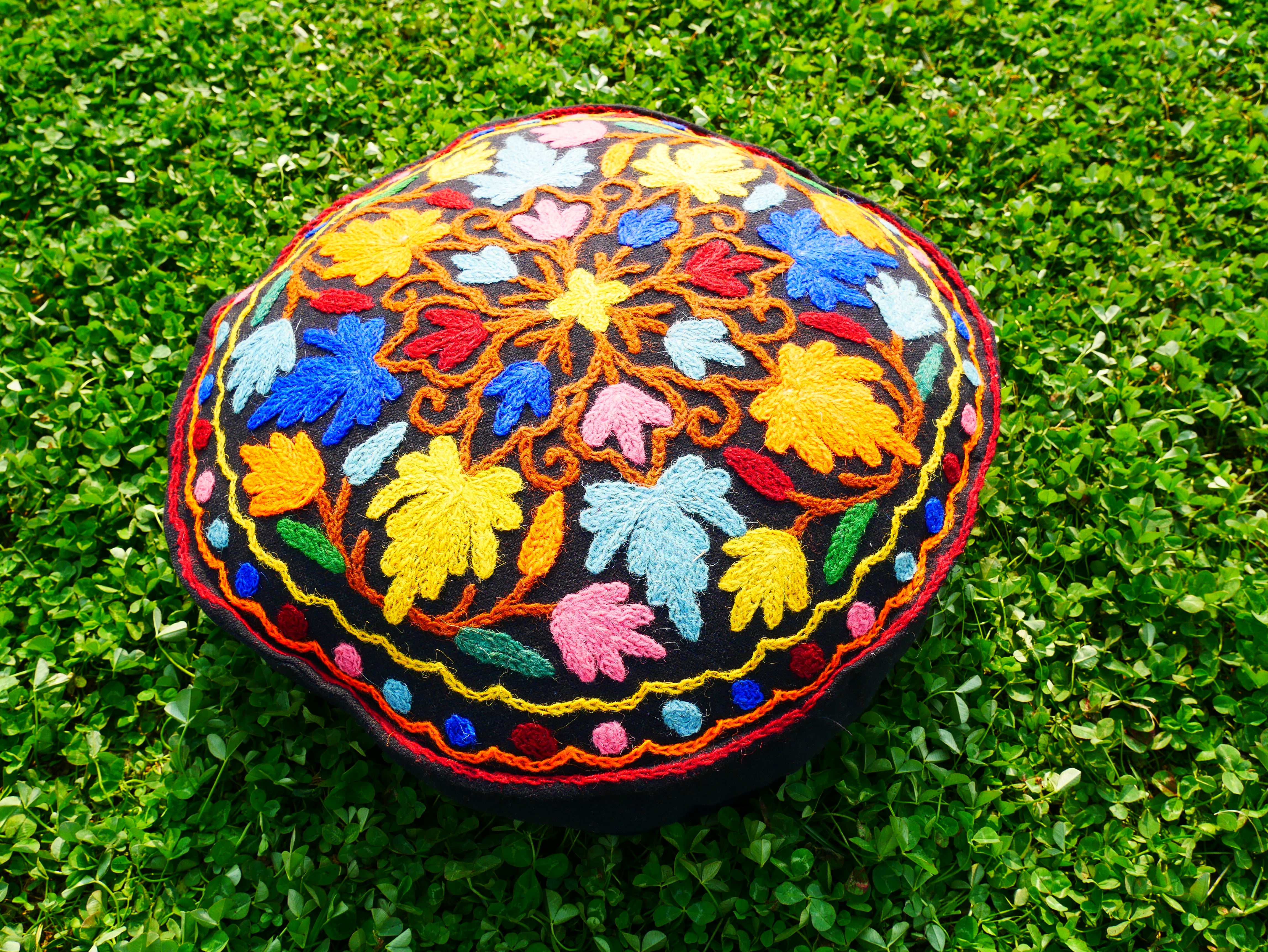 Kashmiri Meditation Cushion Cover - hand embroidered Floor Seating Pillow for Meditation or Yoga Spaces | Cover Only