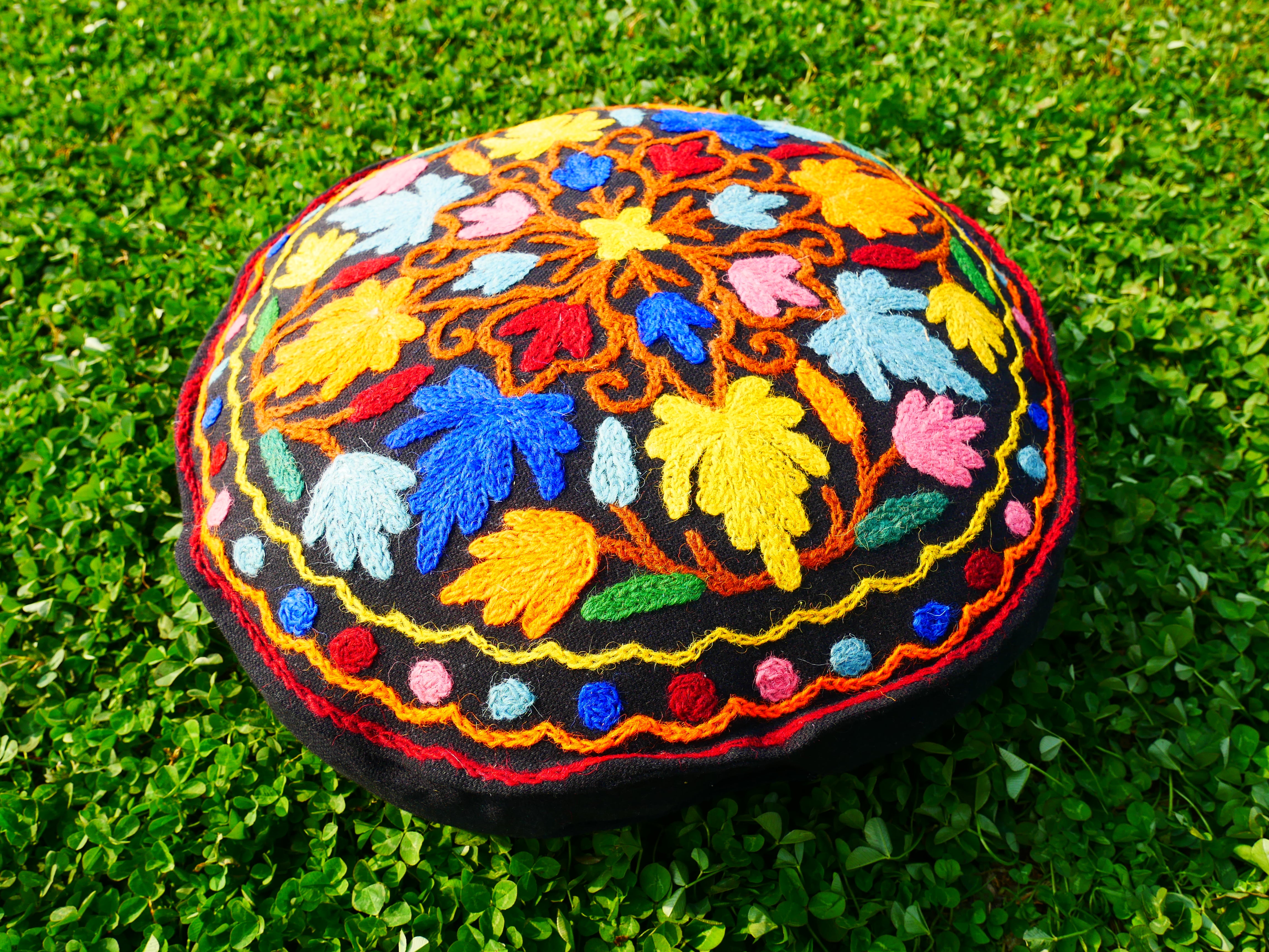 Kashmiri Meditation Cushion Cover hand embroidered Boho Floor Seating Pillow for Meditation or Yoga Spaces | Cover Only