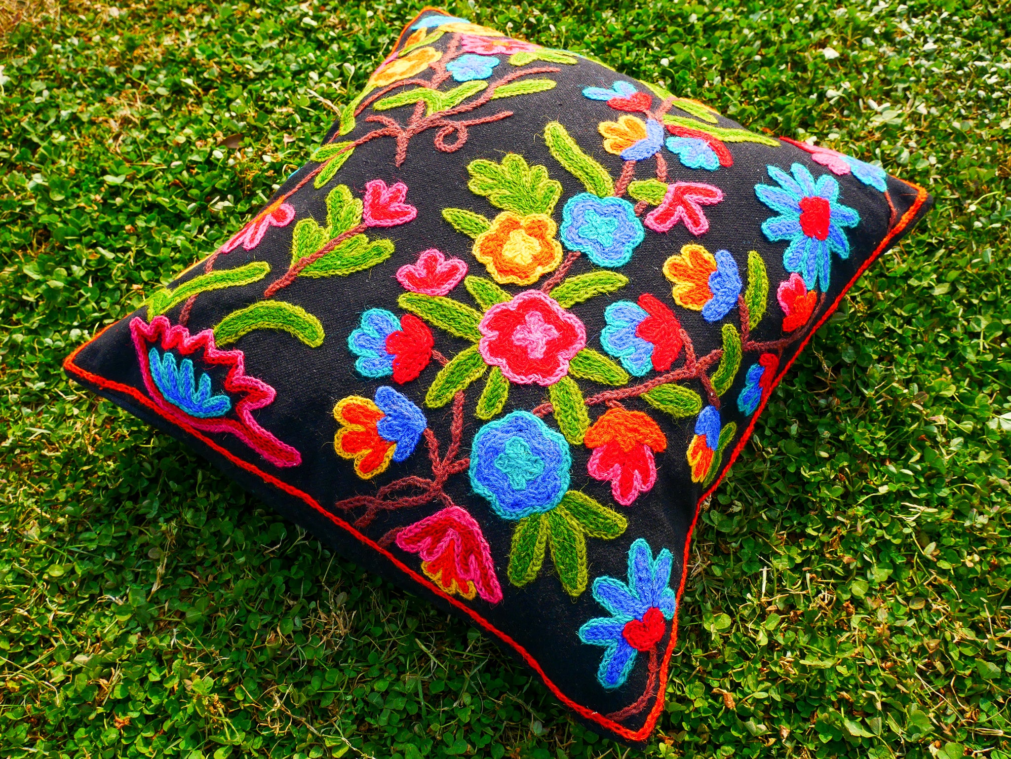 Colorful Kashmiri Crewel Pillow Covers: Handcrafted by Artisans 16x16 inches