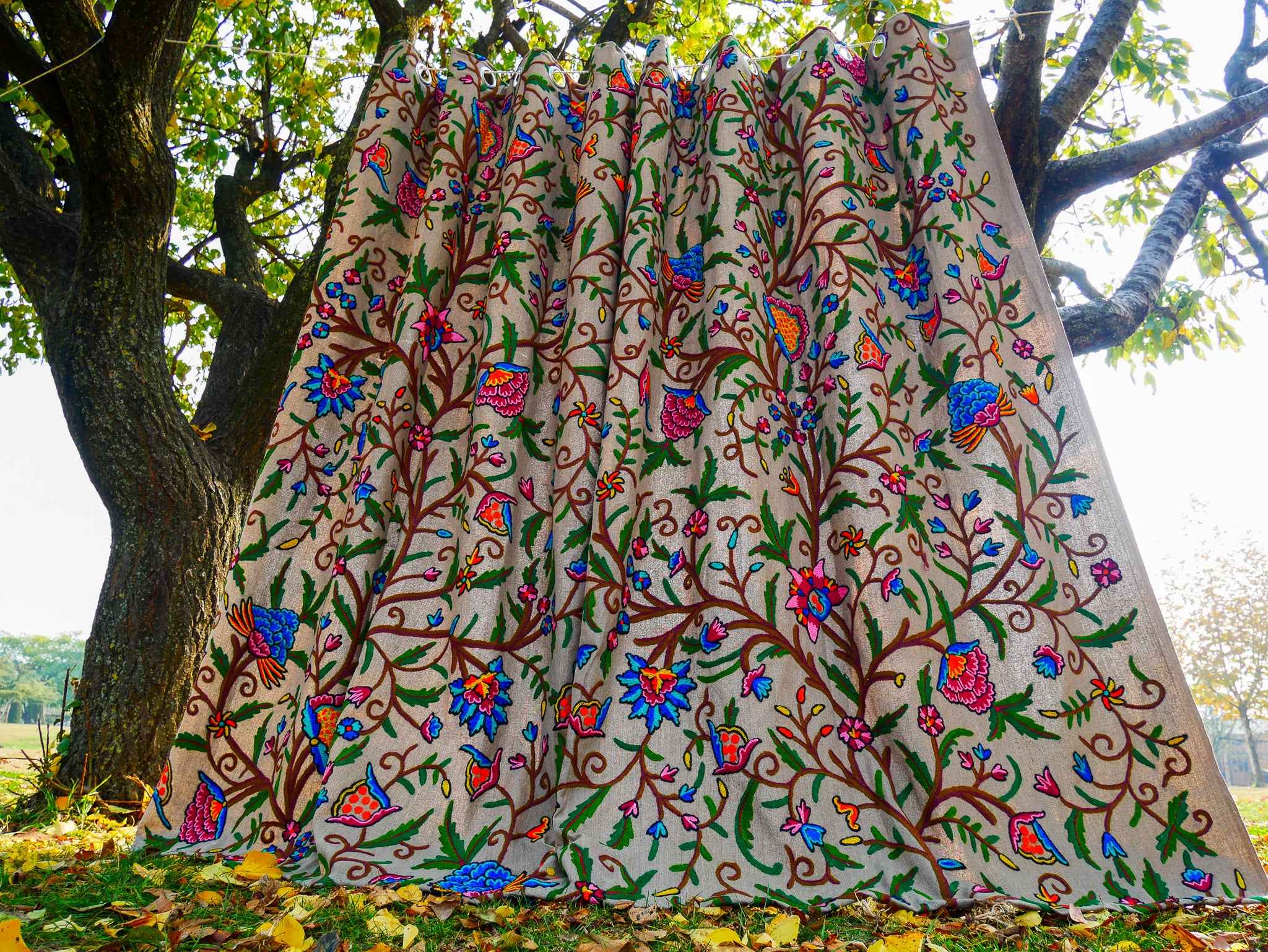 Hand-Embroidered Floral Curtain from Kashmir – Cotton & Wool Boho Bedroom Curtain