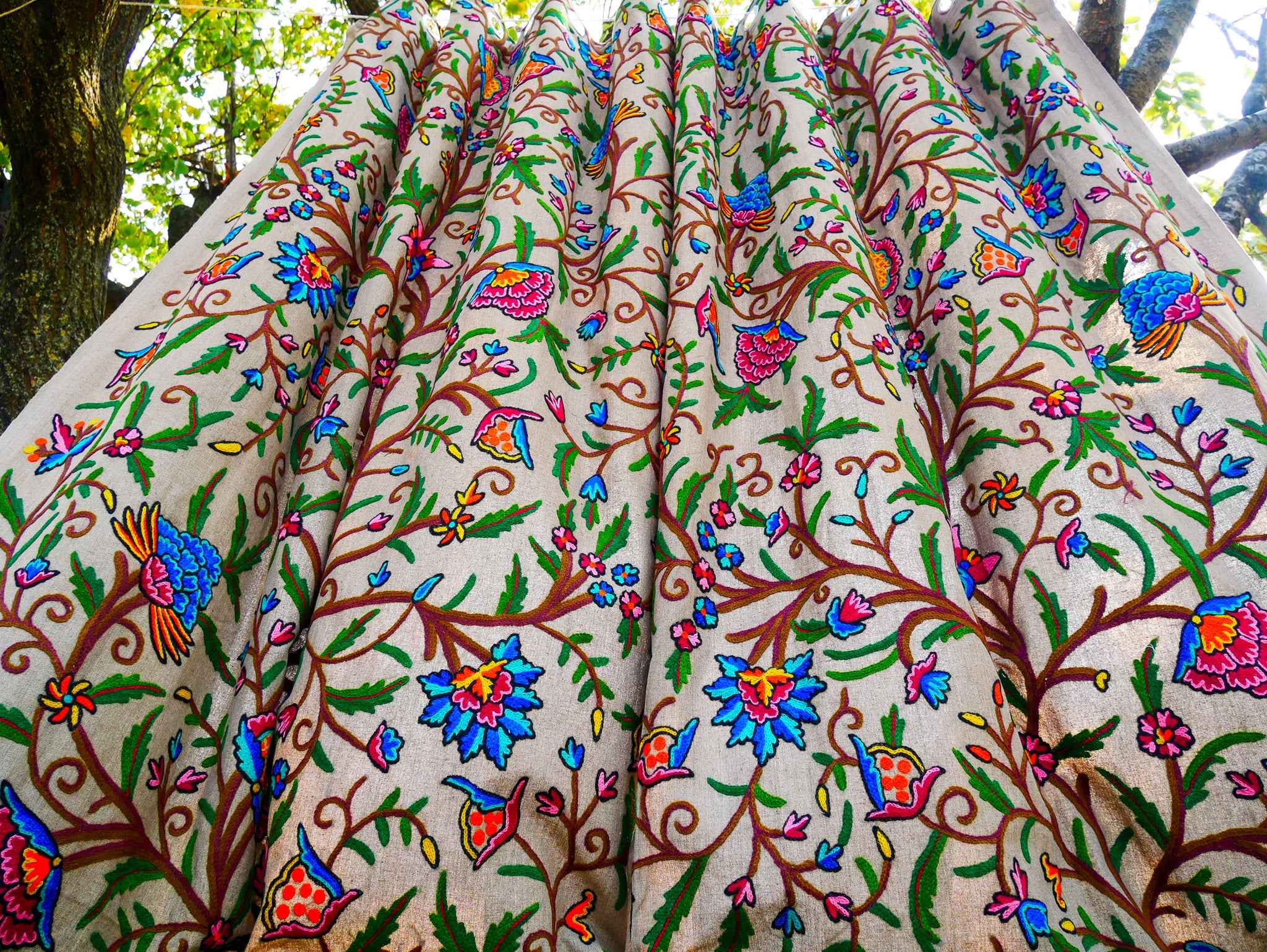 Hand-Embroidered Floral Curtain from Kashmir – Cotton & Wool Boho Bedroom Curtain