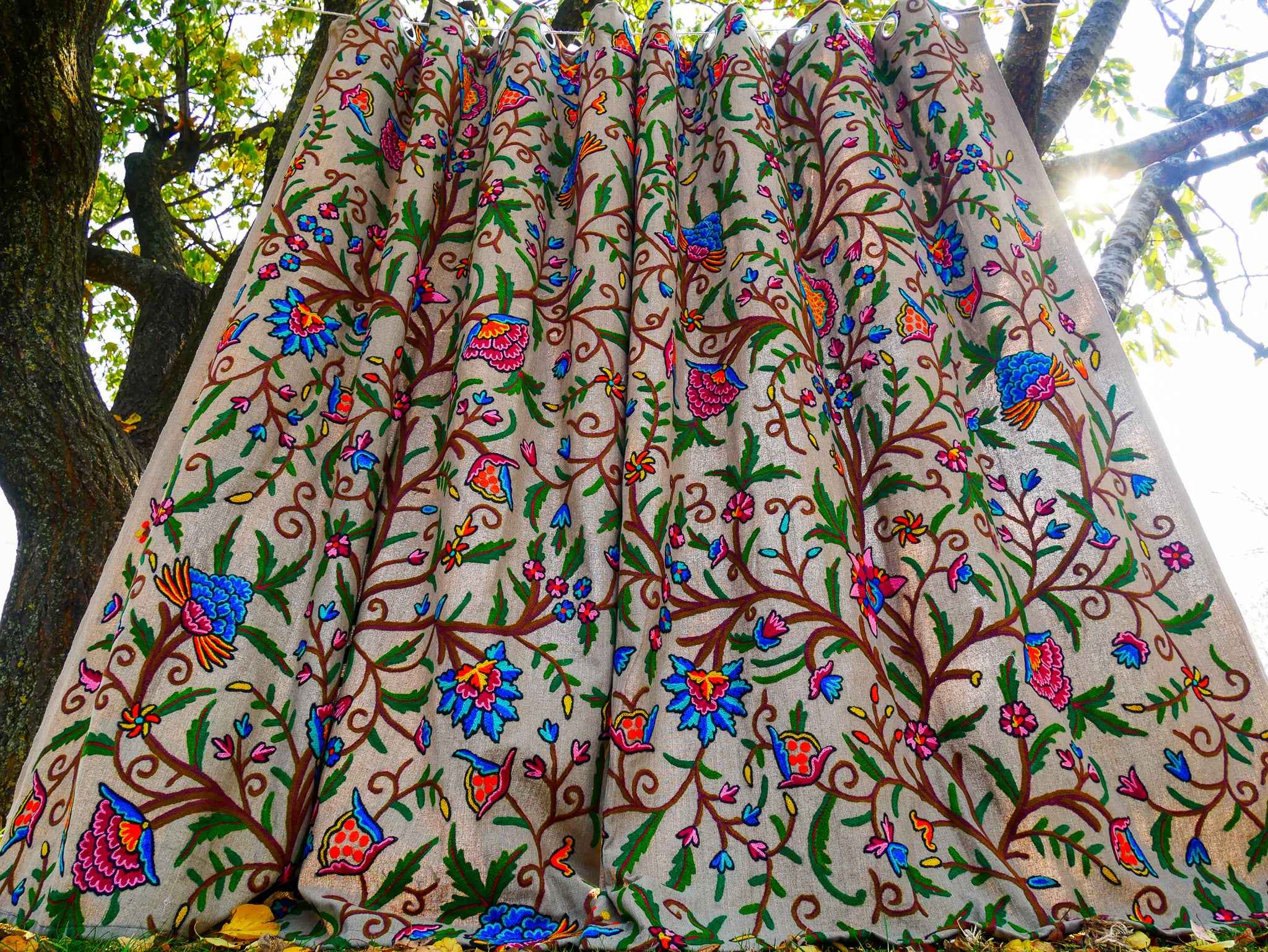 Hand-Embroidered Floral Curtain from Kashmir – Cotton & Wool Boho Bedroom Curtain