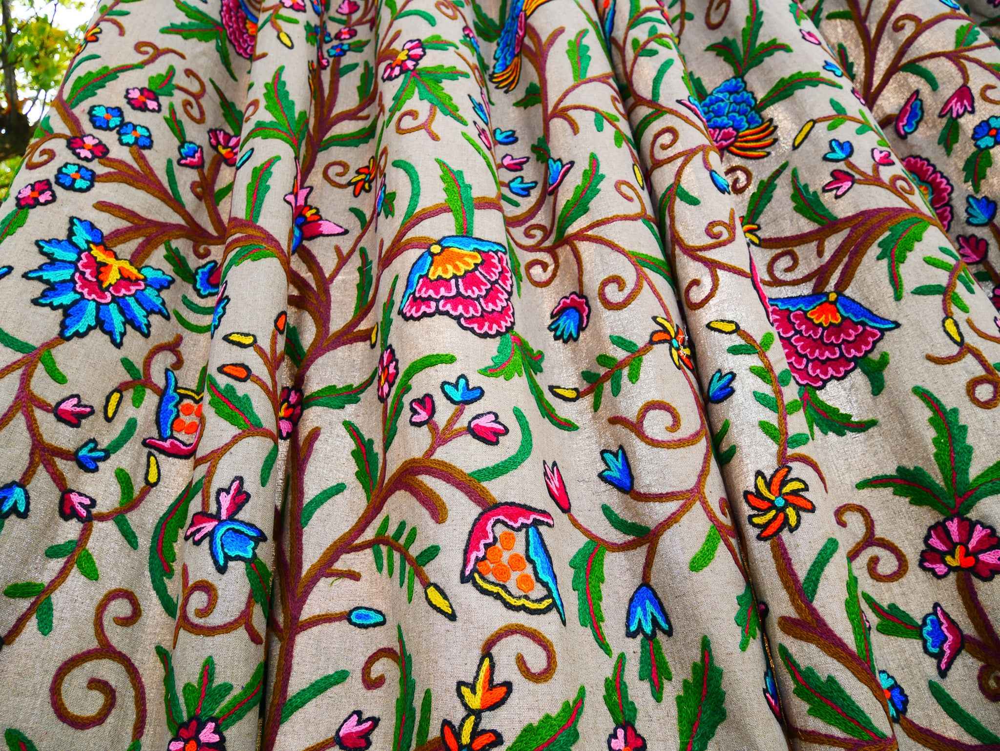 Hand-Embroidered Floral Curtain from Kashmir – Cotton & Wool Boho Bedroom Curtain