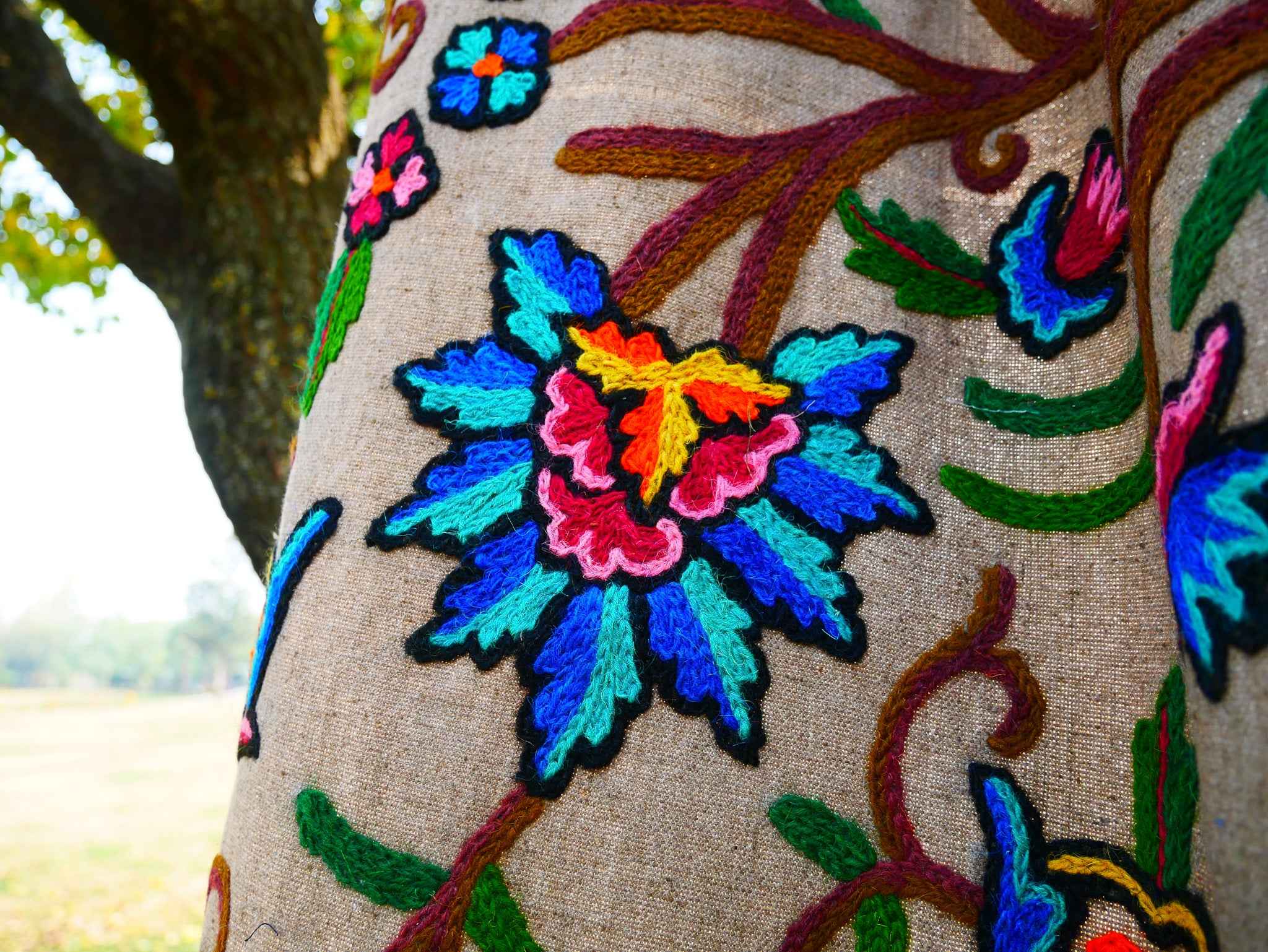 Hand-Embroidered Floral Curtain from Kashmir – Cotton & Wool Boho Bedroom Curtain