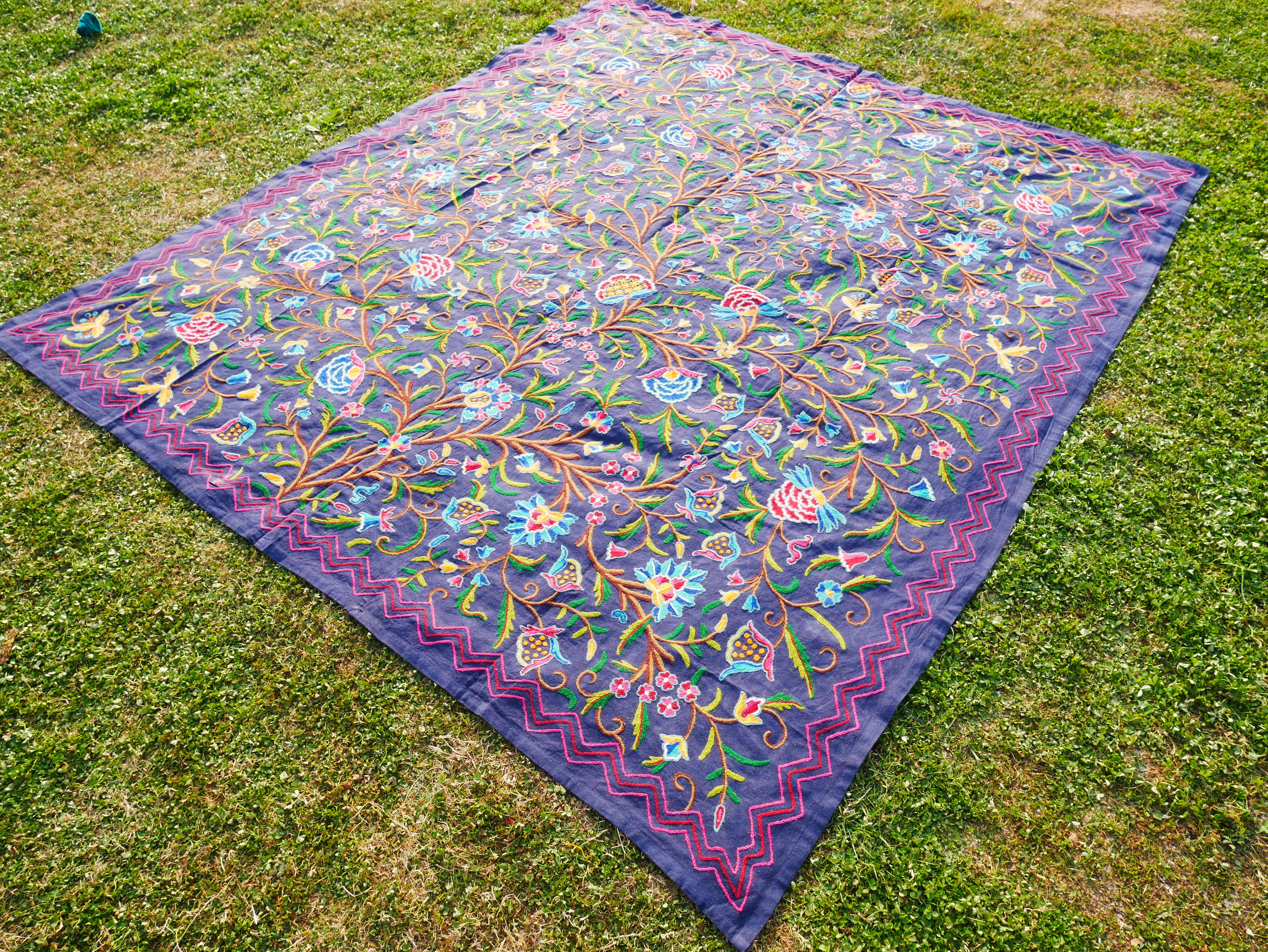 Hand embroidered bedspread "Dream of Kashmir" - artisan crafted double bed throw wool on cotton